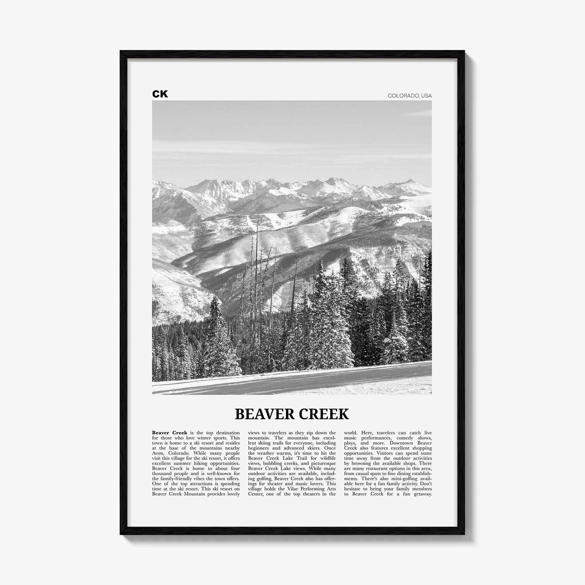 Beaver Creek Print Black and White, Beaver Creek Wall Art, Beaver Creek Poster, Beaver Creek Photo, Beaver Creek Map, Colorado, USA