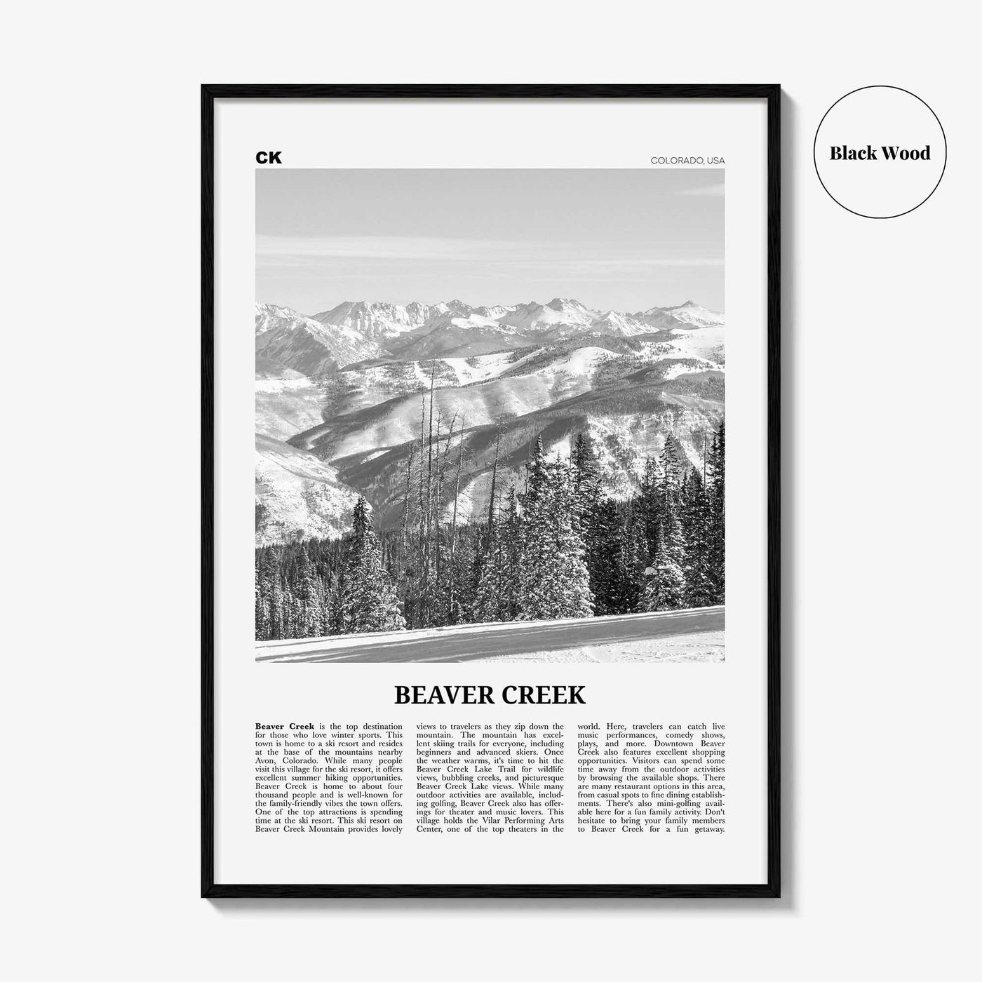 Beaver Creek Print Black and White, Beaver Creek Wall Art, Beaver Creek Poster, Beaver Creek Photo, Beaver Creek Map, Colorado, USA