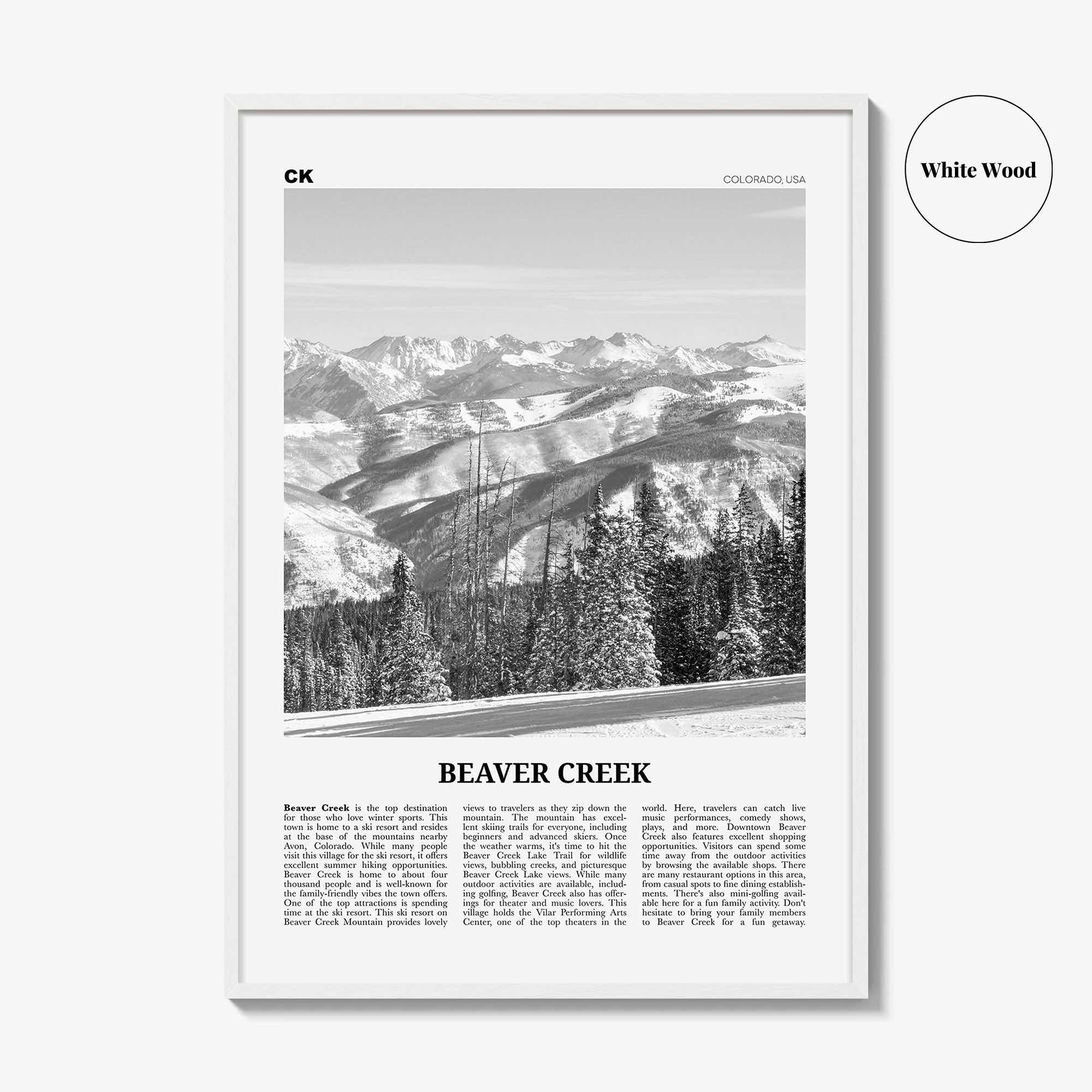 Beaver Creek Print Black and White, Beaver Creek Wall Art, Beaver Creek Poster, Beaver Creek Photo, Beaver Creek Map, Colorado, USA