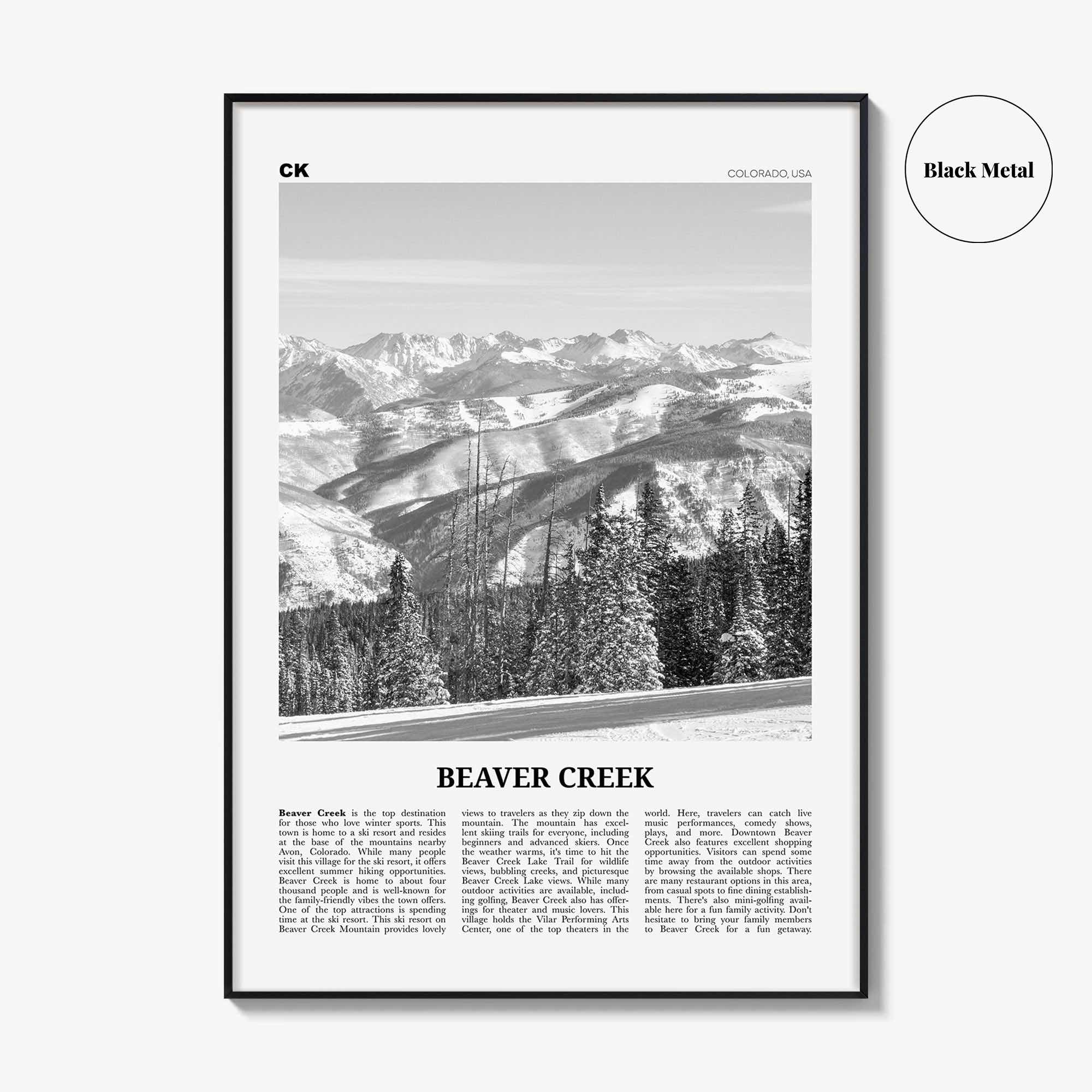 Beaver Creek Print Black and White, Beaver Creek Wall Art, Beaver Creek Poster, Beaver Creek Photo, Beaver Creek Map, Colorado, USA