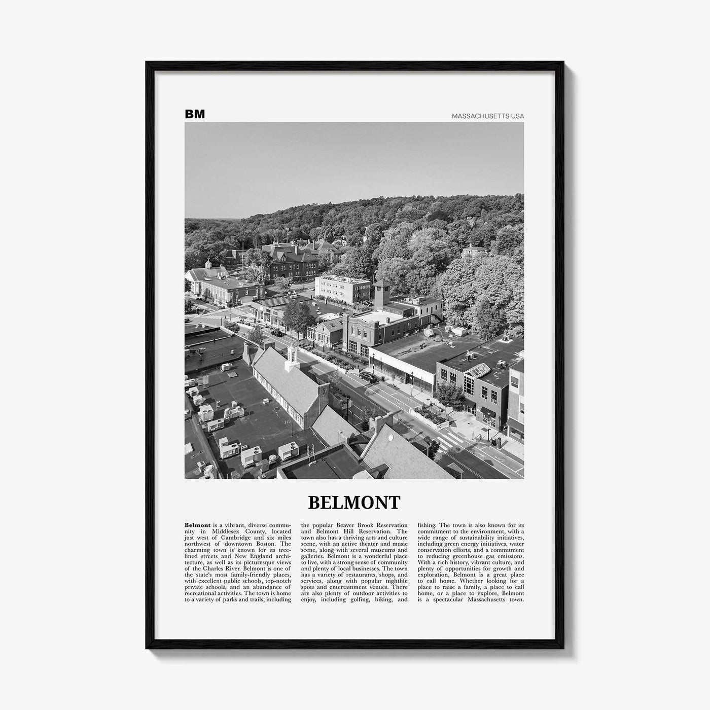Belmont Print Black and White, Belmont Wall Art, Belmont Poster, Belmont Photo, Belmont Wall Décor, Belmont Map, Massachusetts, USA