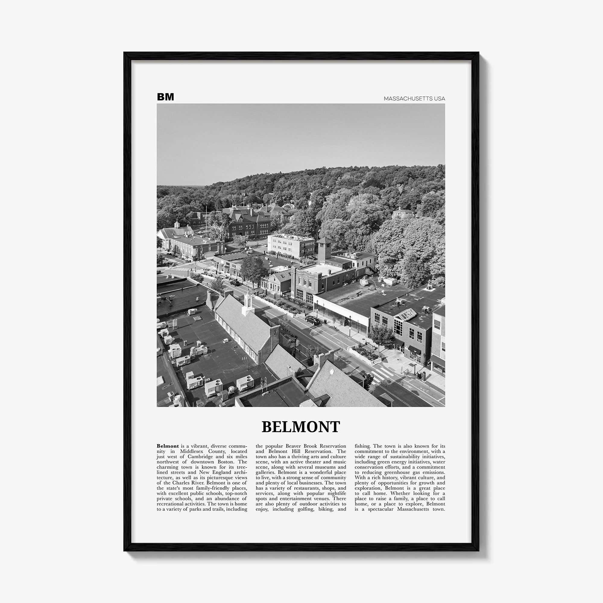 Belmont Print Black and White, Belmont Wall Art, Belmont Poster, Belmont Photo, Belmont Wall Décor, Belmont Map, Massachusetts, USA