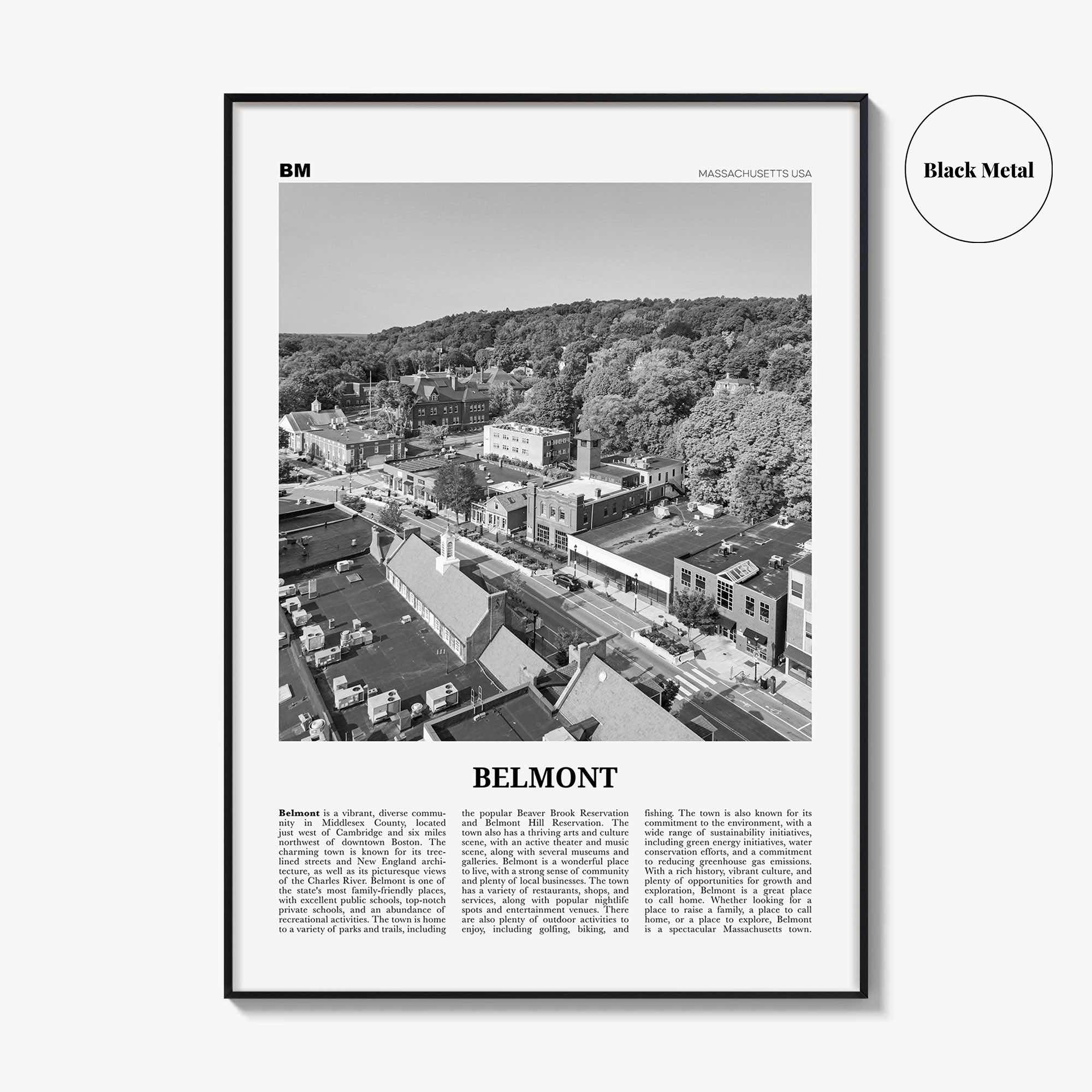 Belmont Print Black and White, Belmont Wall Art, Belmont Poster, Belmont Photo, Belmont Wall Décor, Belmont Map, Massachusetts, USA