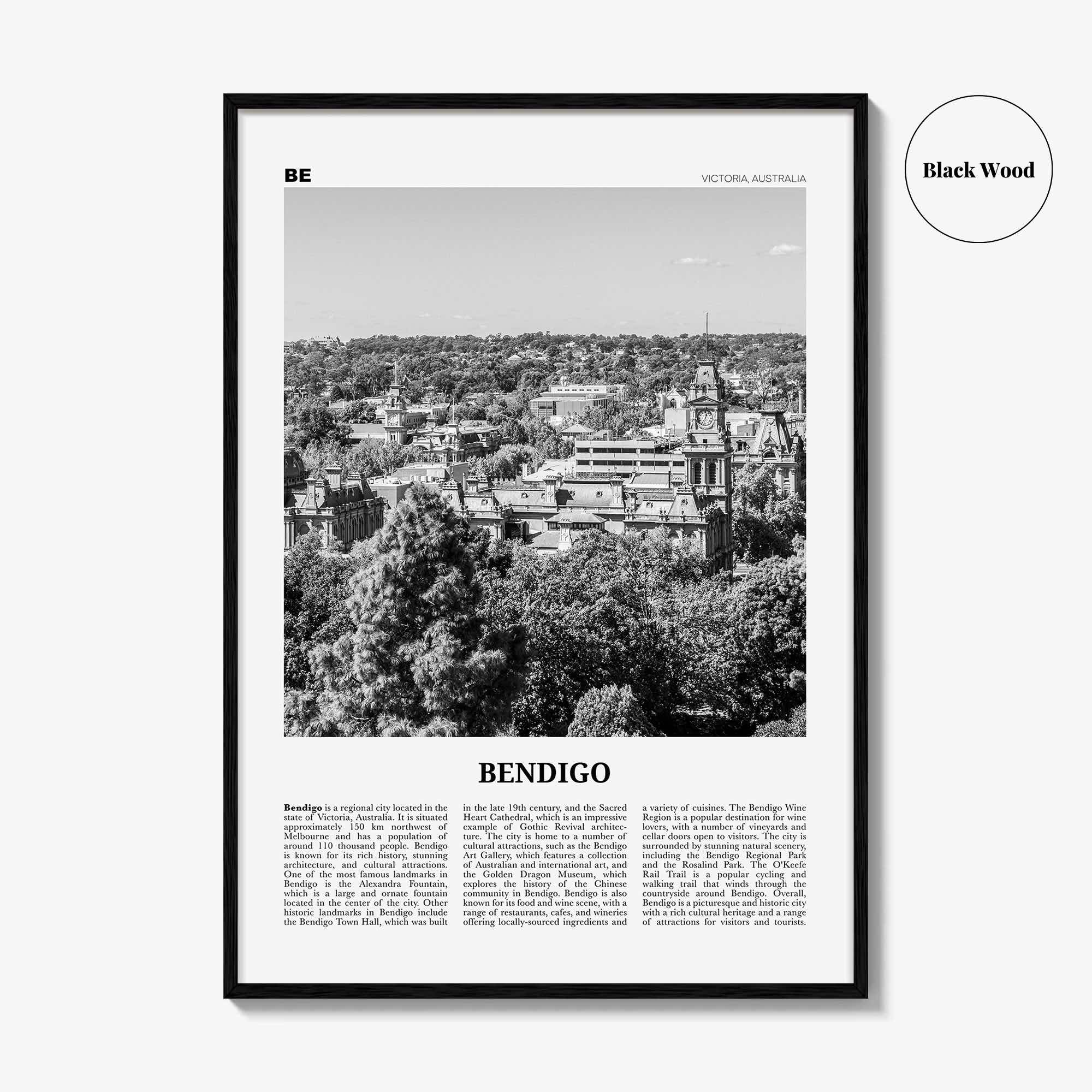 Bendigo Print Black and White, Bendigo Wall Art, Bendigo Poster, Bendigo Photo, Bendigo Wall Décor, Bendigo Map, Australia