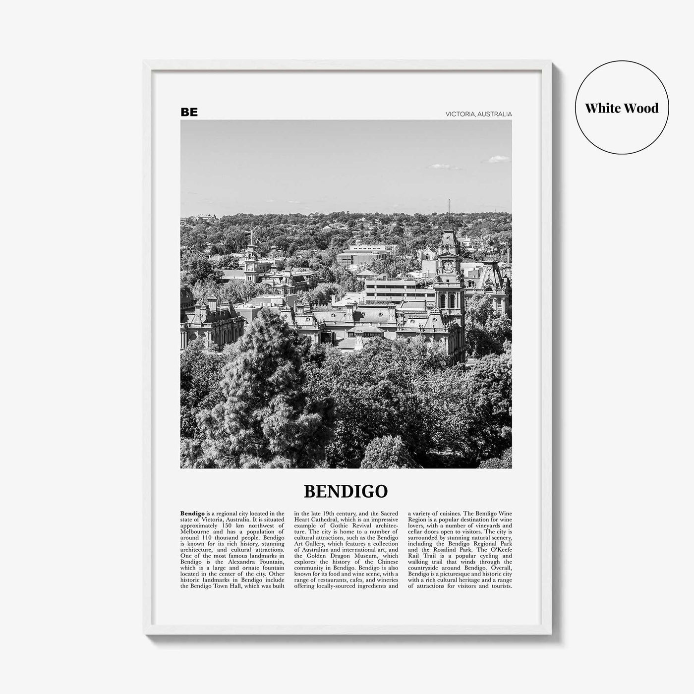 Bendigo Print Black and White, Bendigo Wall Art, Bendigo Poster, Bendigo Photo, Bendigo Wall Décor, Bendigo Map, Australia