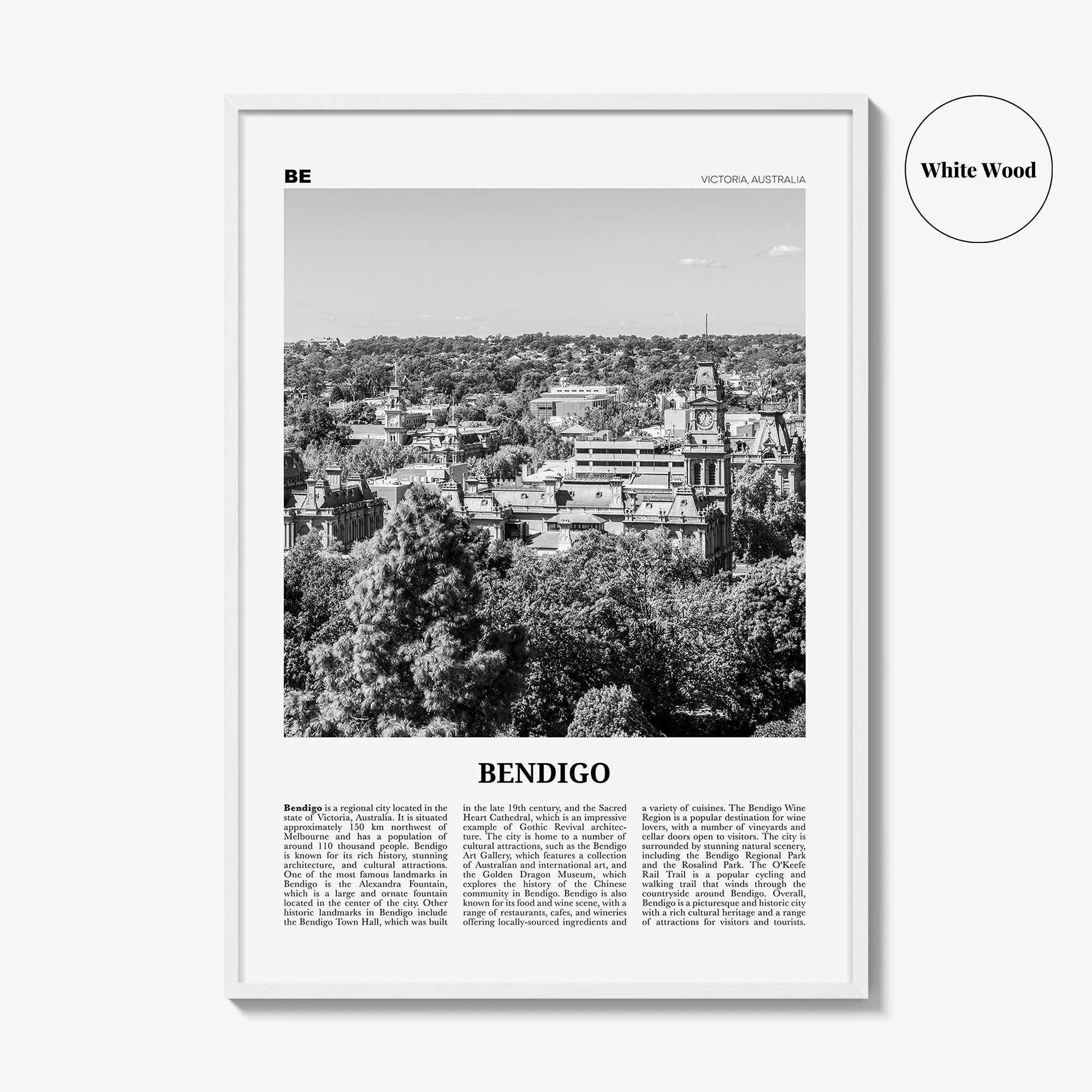 Bendigo Print Black and White, Bendigo Wall Art, Bendigo Poster, Bendigo Photo, Bendigo Wall Décor, Bendigo Map, Australia