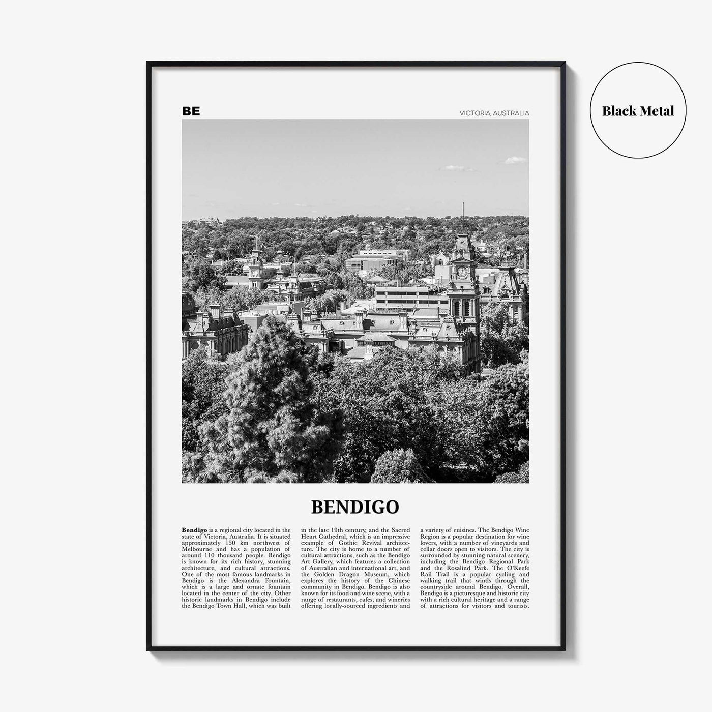 Bendigo Print Black and White, Bendigo Wall Art, Bendigo Poster, Bendigo Photo, Bendigo Wall Décor, Bendigo Map, Australia