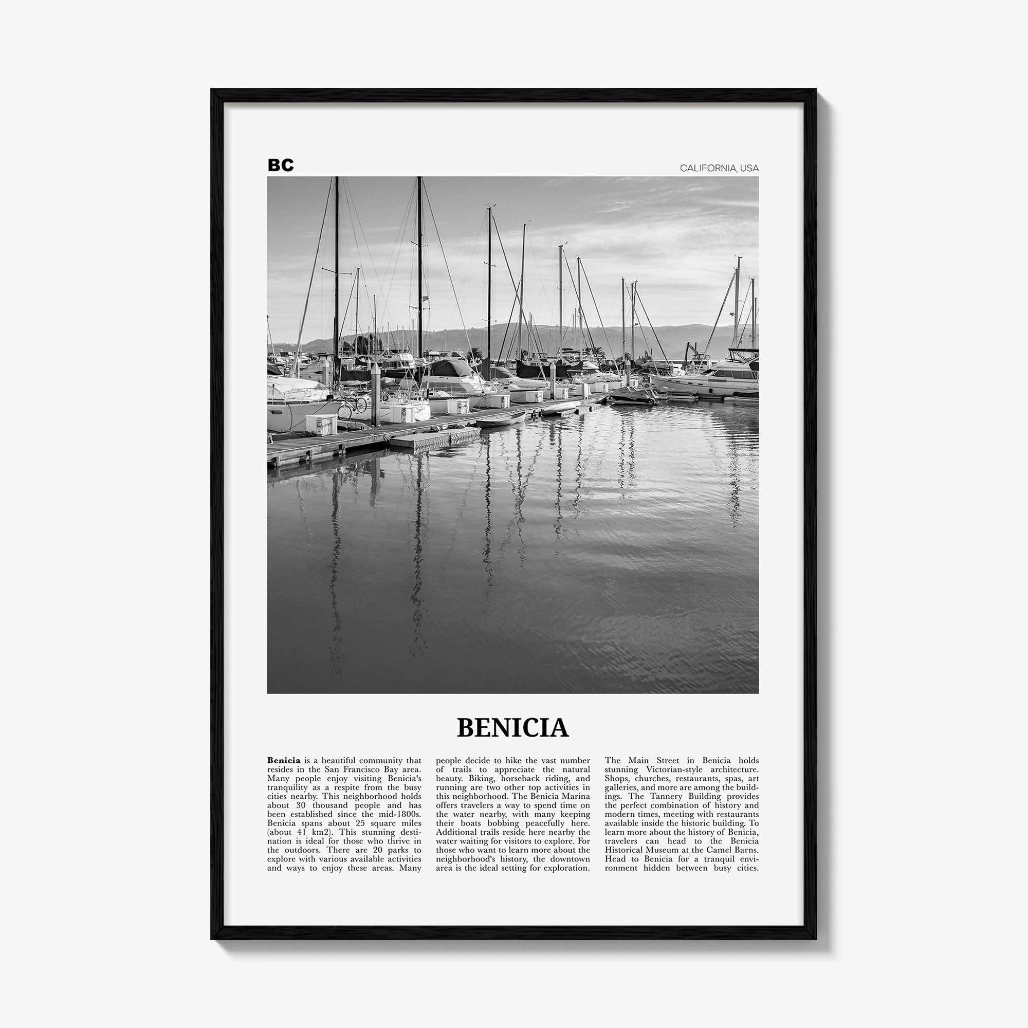 Benicia Print Black and White, Benicia Wall Art, Benicia Poster, Benicia Photo, Benicia Wall Décor, Benicia Map, California, USA