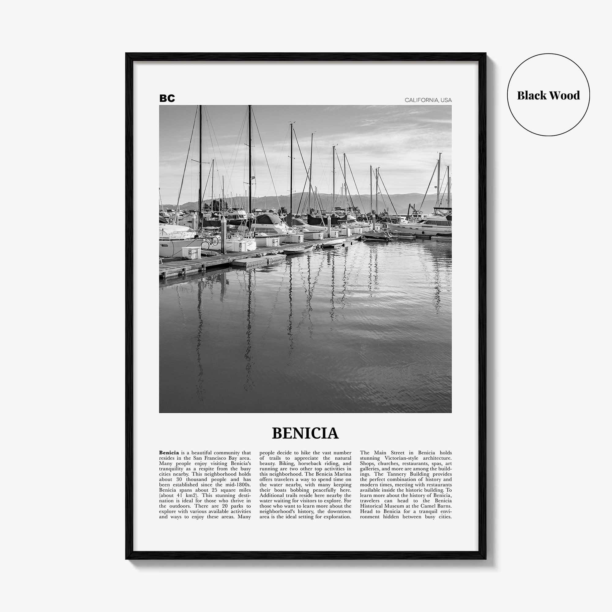 Benicia Print Black and White, Benicia Wall Art, Benicia Poster, Benicia Photo, Benicia Wall Décor, Benicia Map, California, USA