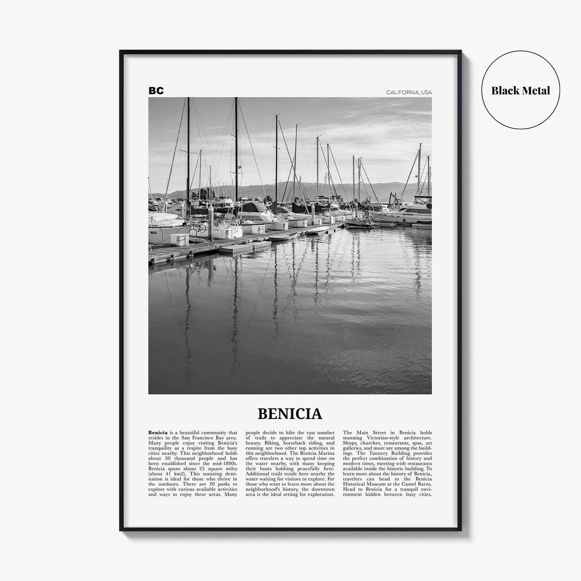 Benicia Print Black and White, Benicia Wall Art, Benicia Poster, Benicia Photo, Benicia Wall Décor, Benicia Map, California, USA