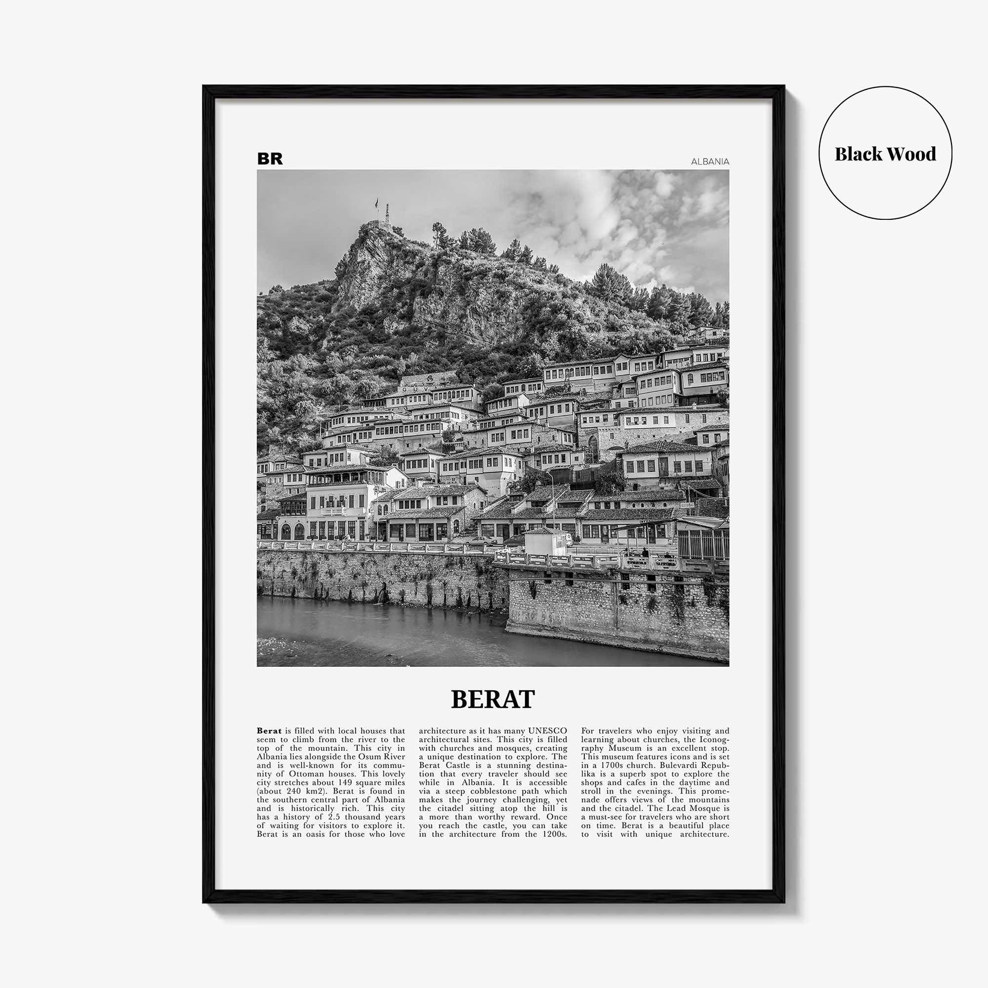 Berat Print Black and White, Berat Wall Art, Berat Poster, Berat Photo, Berat Wall Décor, Berat Map, Albania