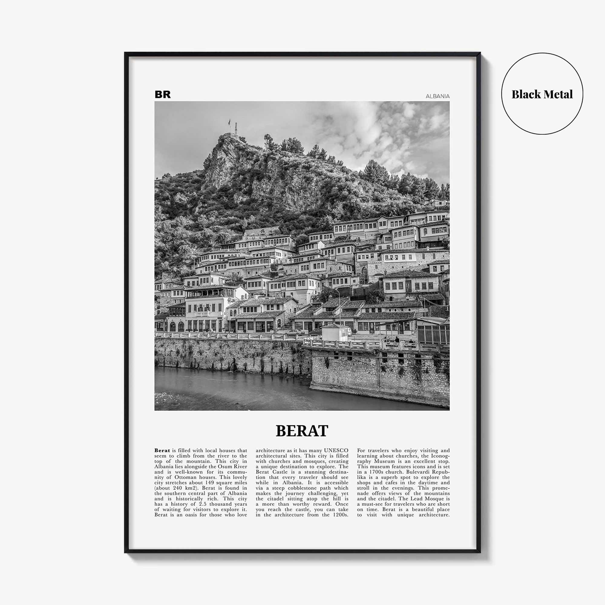Berat Print Black and White, Berat Wall Art, Berat Poster, Berat Photo, Berat Wall Décor, Berat Map, Albania