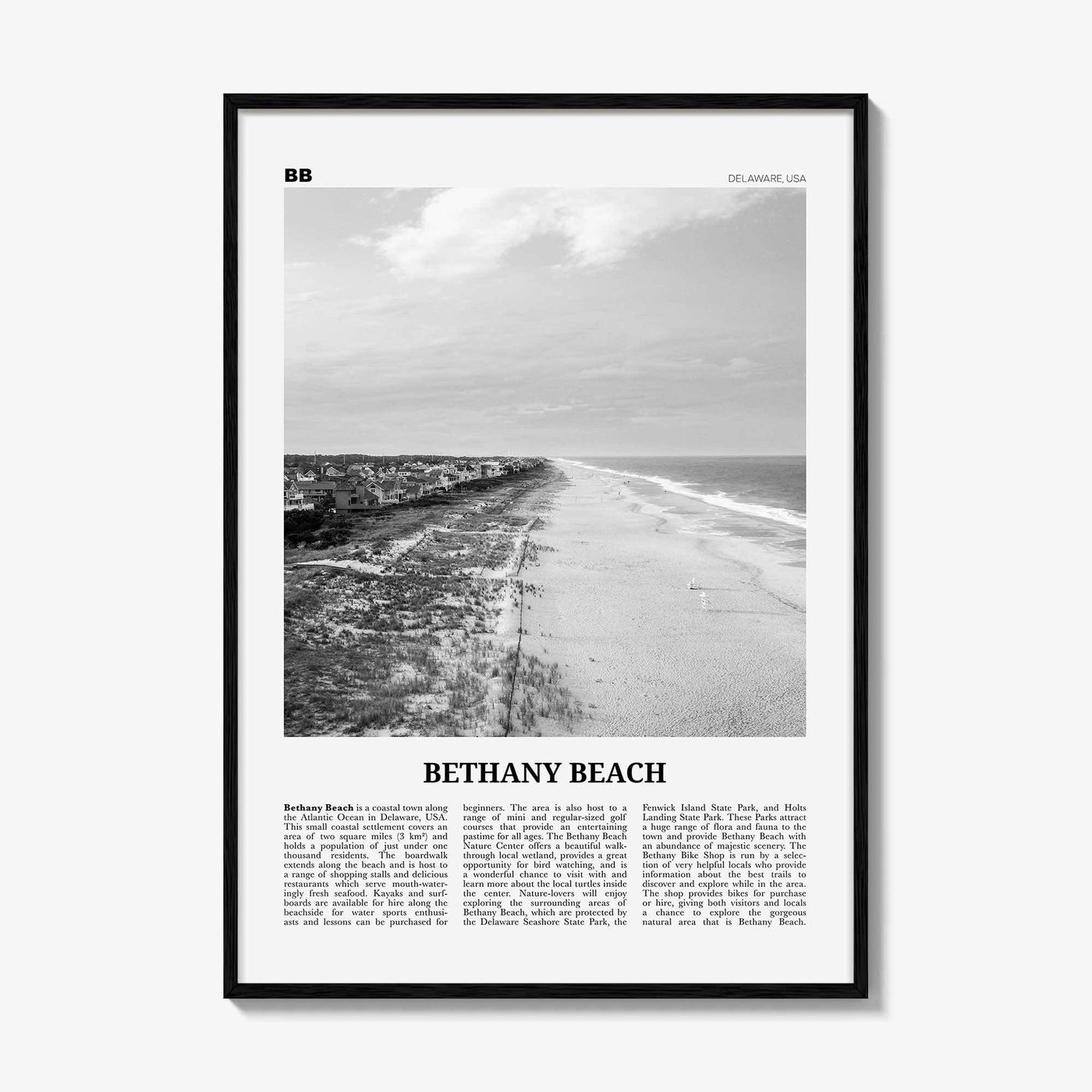 Bethany Beach Print Black and White, Bethany Beach Wall Art, Bethany Beach Poster, Bethany Beach Photo, Bethany Beach Map, Delaware, USA