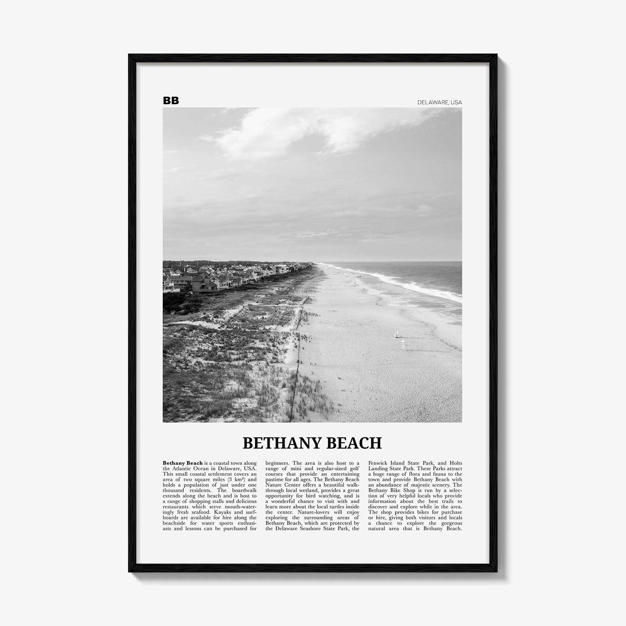Bethany Beach Print Black and White, Bethany Beach Wall Art, Bethany Beach Poster, Bethany Beach Photo, Bethany Beach Map, Delaware, USA