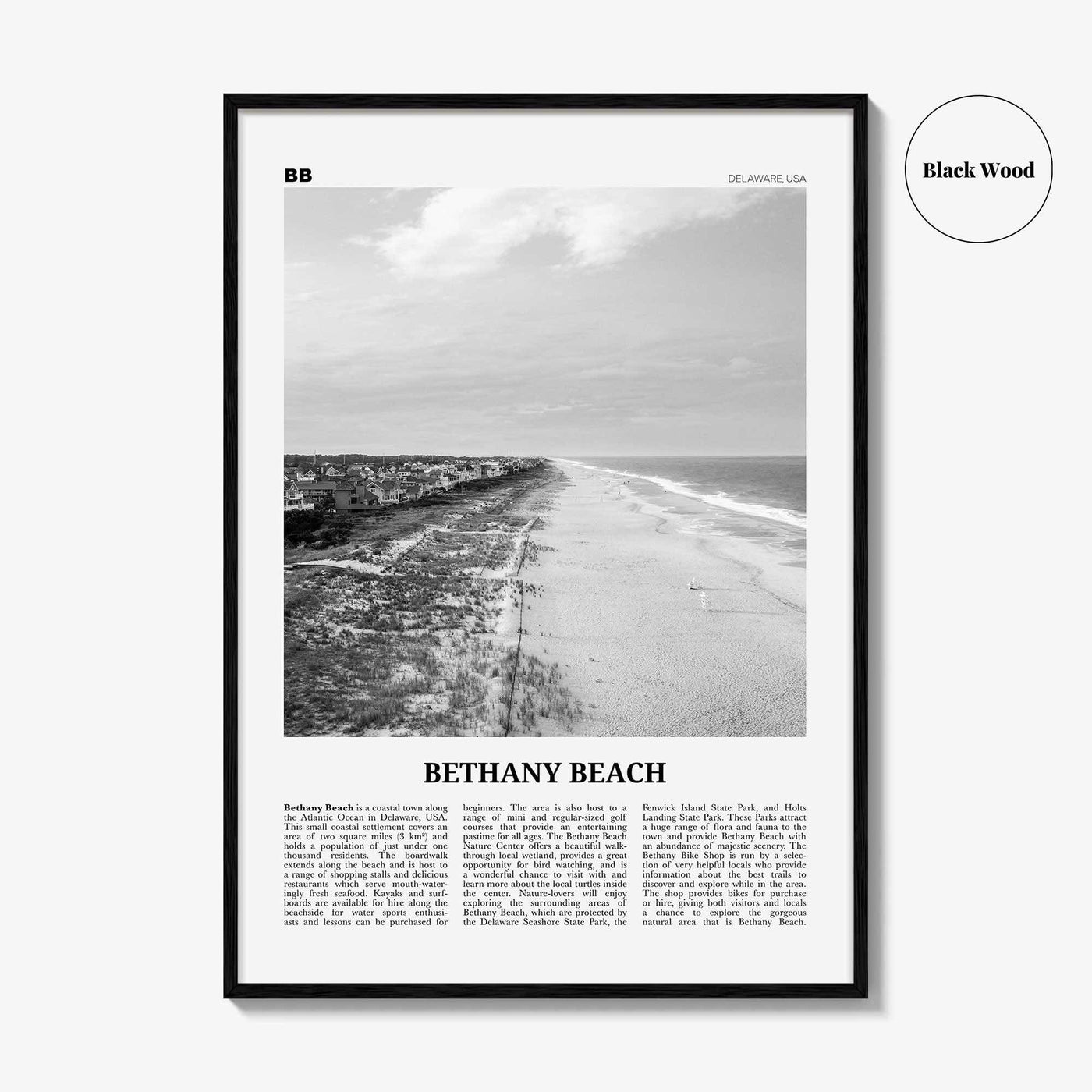 Bethany Beach Print Black and White, Bethany Beach Wall Art, Bethany Beach Poster, Bethany Beach Photo, Bethany Beach Map, Delaware, USA