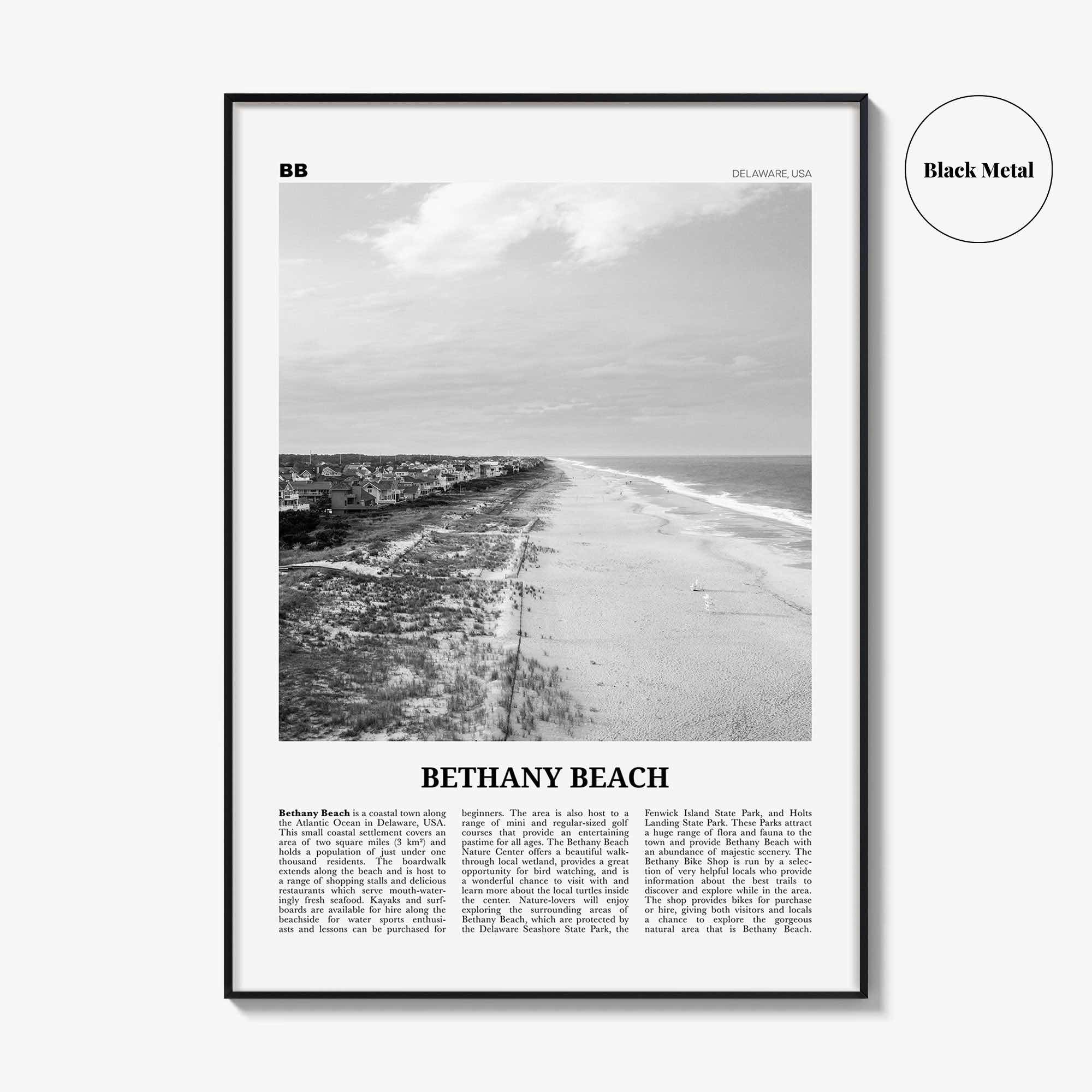 Bethany Beach Print Black and White, Bethany Beach Wall Art, Bethany Beach Poster, Bethany Beach Photo, Bethany Beach Map, Delaware, USA