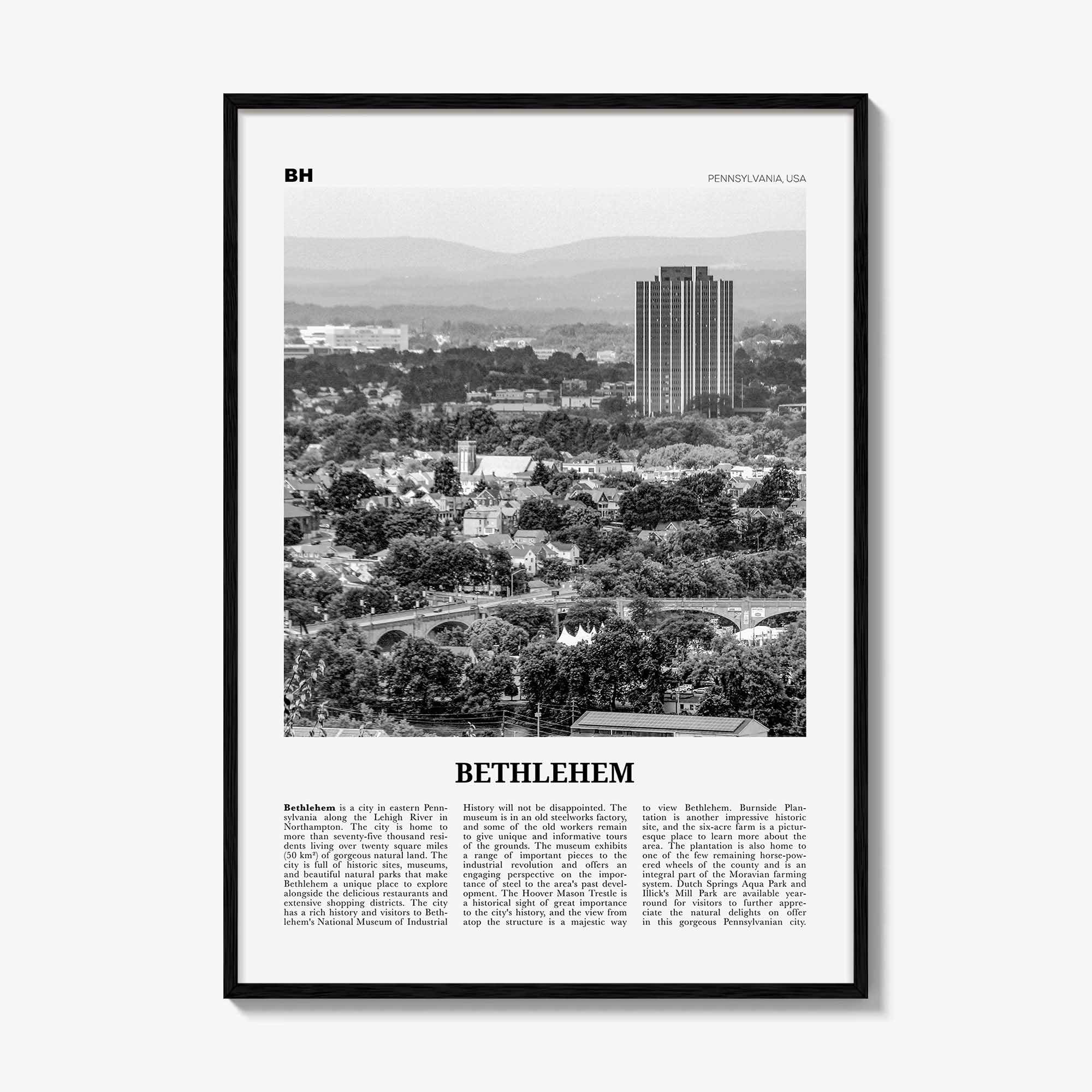 Bethlehem Print Black and White Pennsylvania, Bethlehem Wall Art, Bethlehem Poster, Bethlehem Photo, Bethlehem Map, Pennsylvania