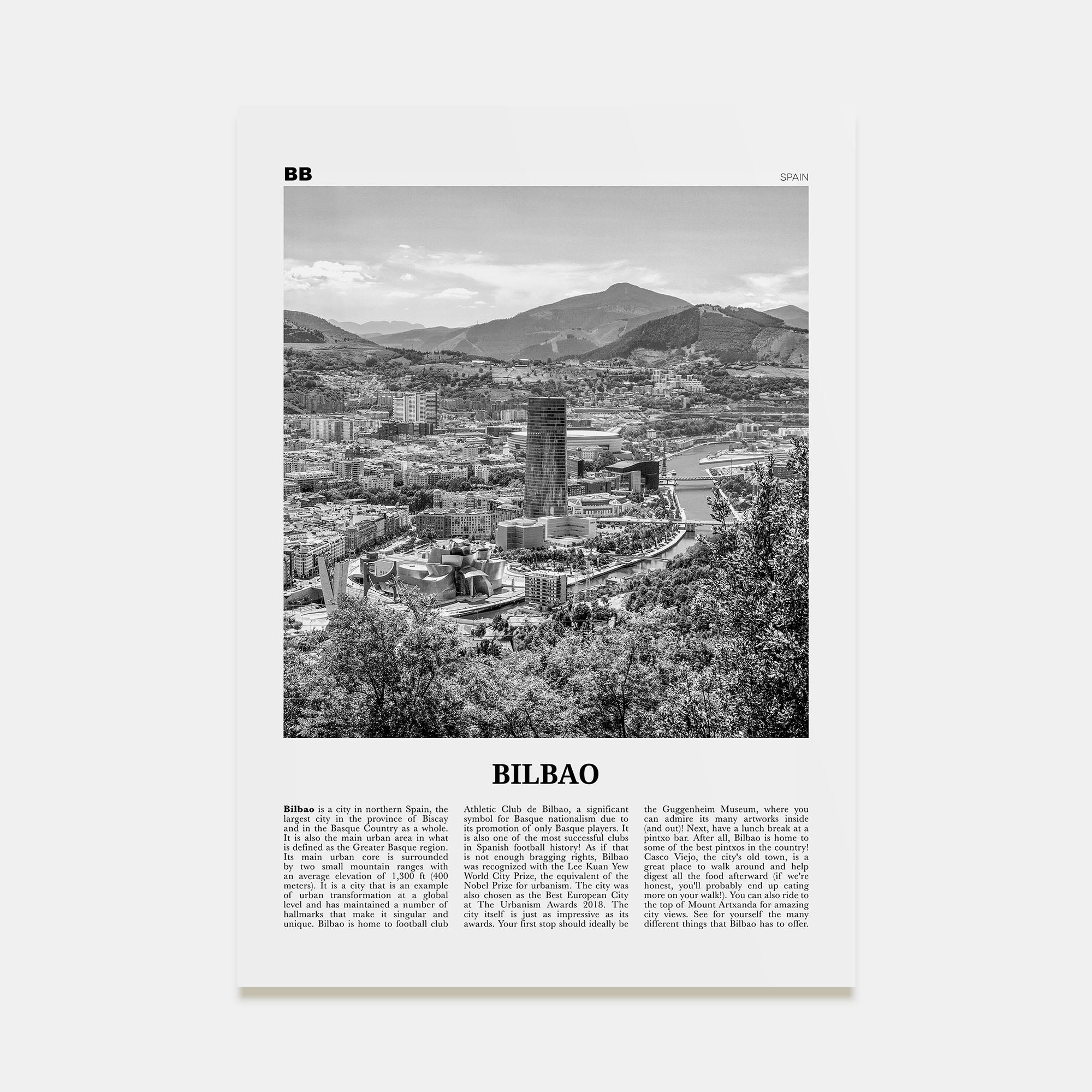 Bilbao Travel B&W Poster
