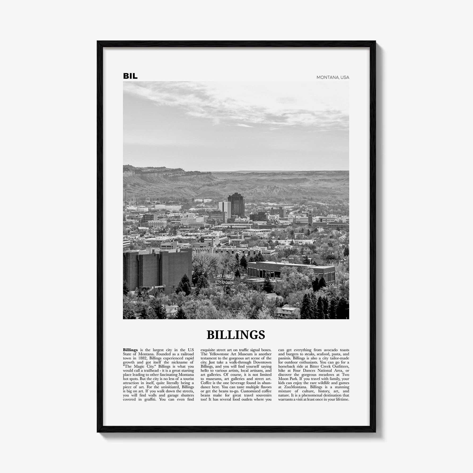 Billings Print Black and White, Billings Wall Art, Billings Poster, Billings Photo, Billings Wall Décor, Montana, USA, United States