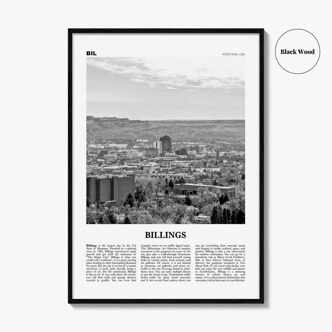 Billings Print Black and White, Billings Wall Art, Billings Poster, Billings Photo, Billings Wall Décor, Montana, USA, United States