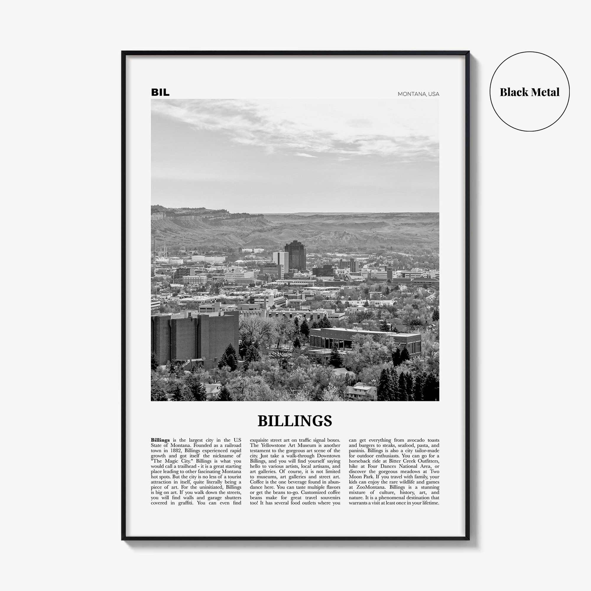 Billings Print Black and White, Billings Wall Art, Billings Poster, Billings Photo, Billings Wall Décor, Montana, USA, United States
