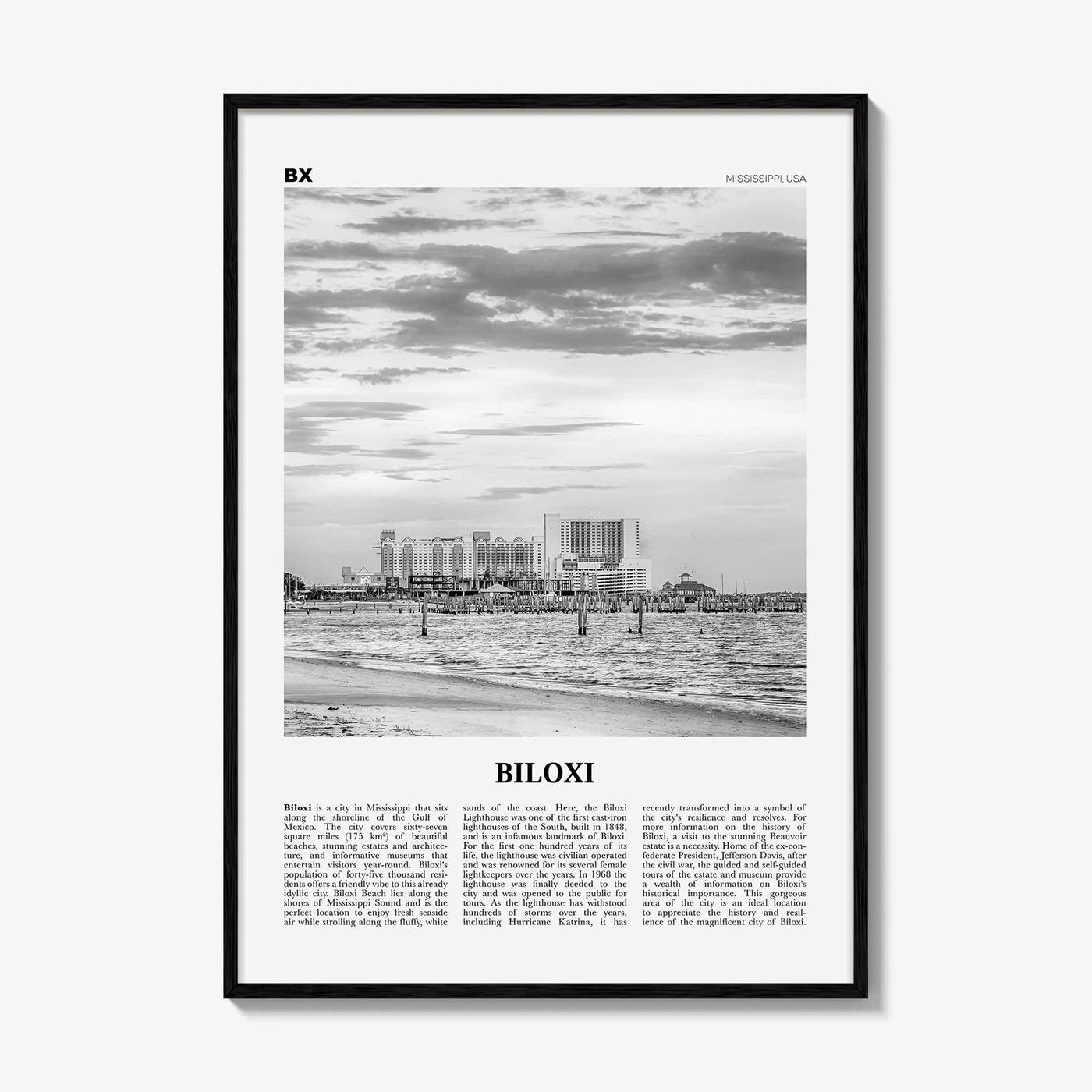 Biloxi Print Black and White, Biloxi Wall Art, Biloxi Poster, Biloxi Photo, Biloxi Map, Biloxi Wall Decor, Mississippi, USA, United States