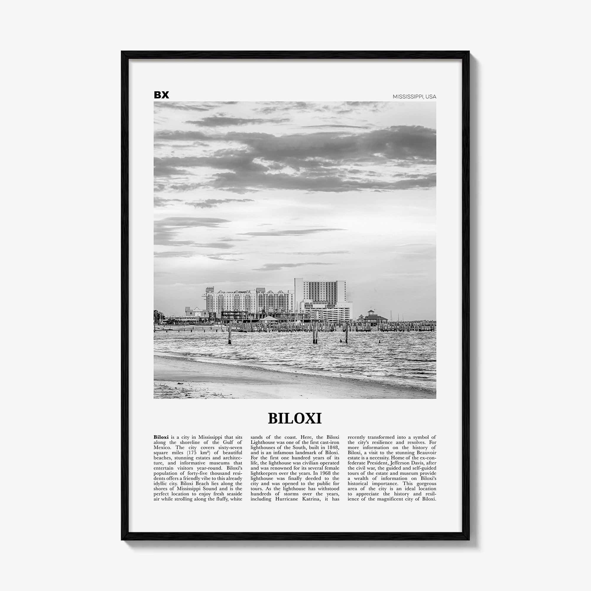 Biloxi Print Black and White, Biloxi Wall Art, Biloxi Poster, Biloxi Photo, Biloxi Map, Biloxi Wall Decor, Mississippi, USA, United States