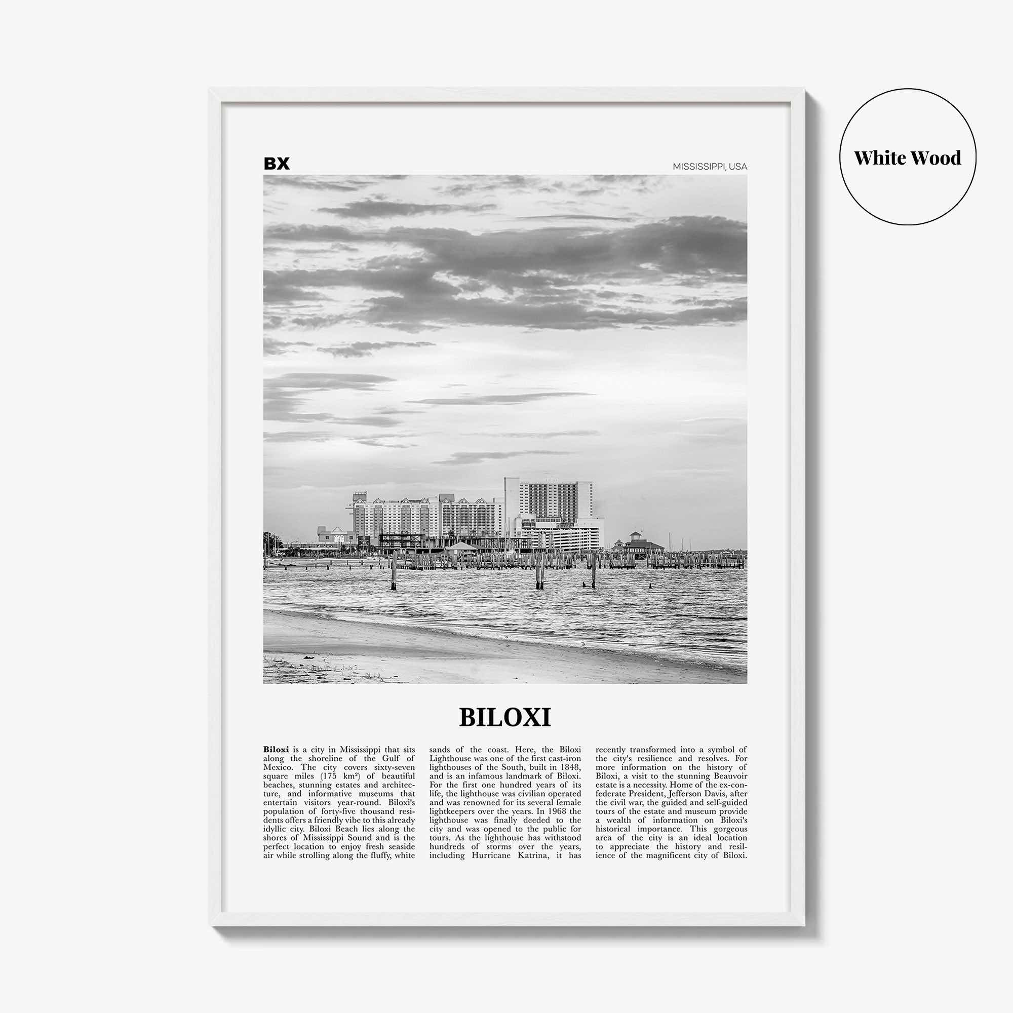 Biloxi Print Black and White, Biloxi Wall Art, Biloxi Poster, Biloxi Photo, Biloxi Map, Biloxi Wall Decor, Mississippi, USA, United States