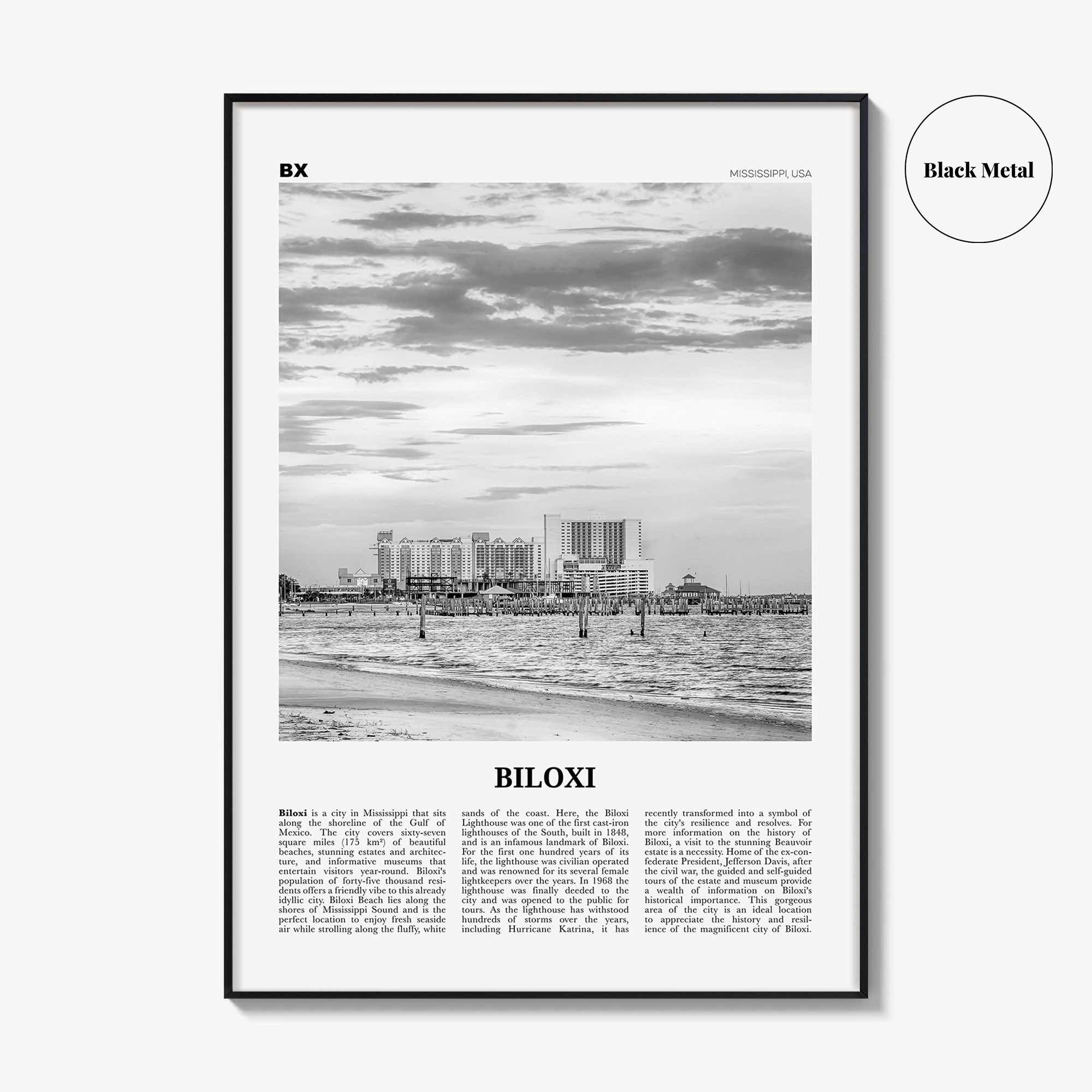 Biloxi Print Black and White, Biloxi Wall Art, Biloxi Poster, Biloxi Photo, Biloxi Map, Biloxi Wall Decor, Mississippi, USA, United States