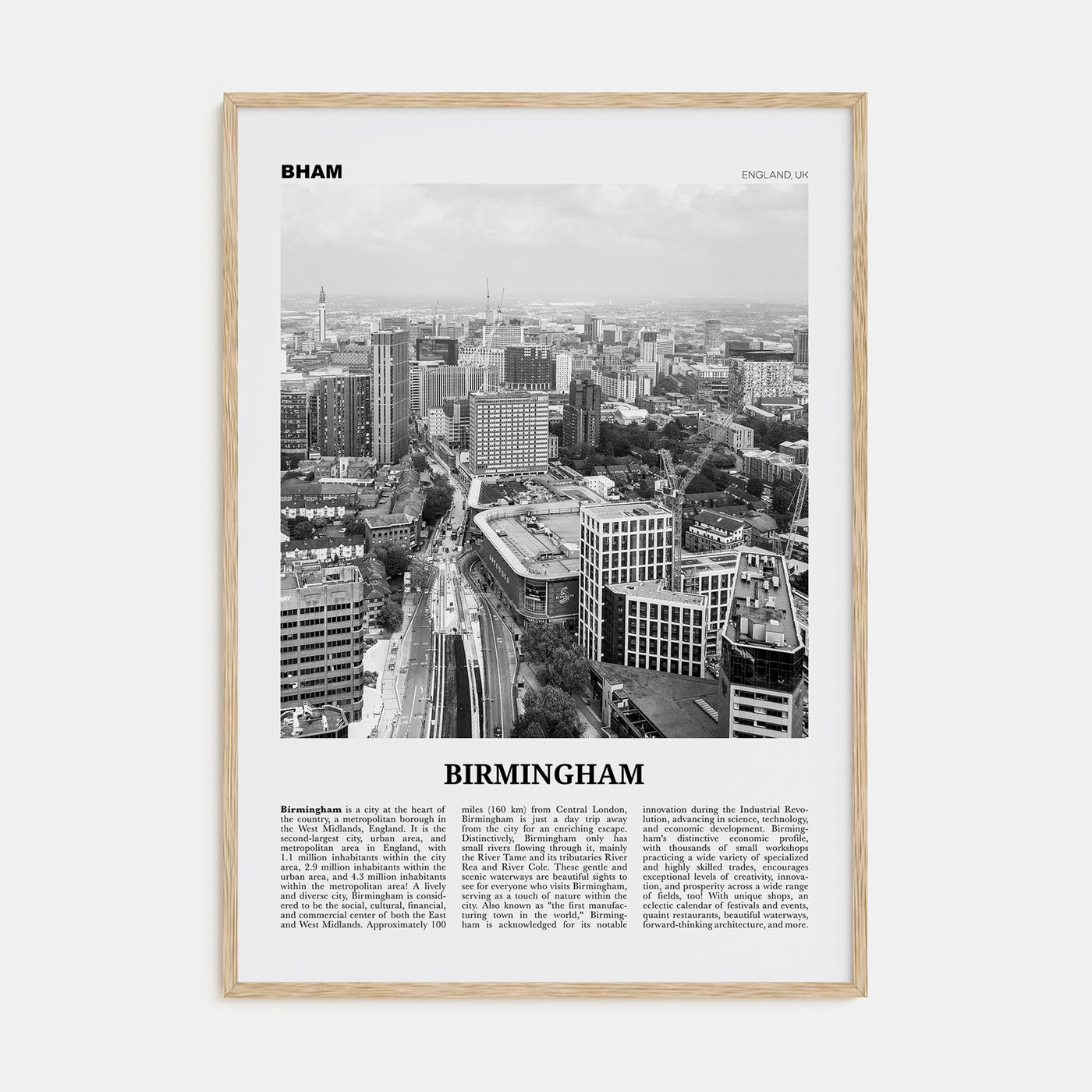 Birmingham, England Travel B&W Poster