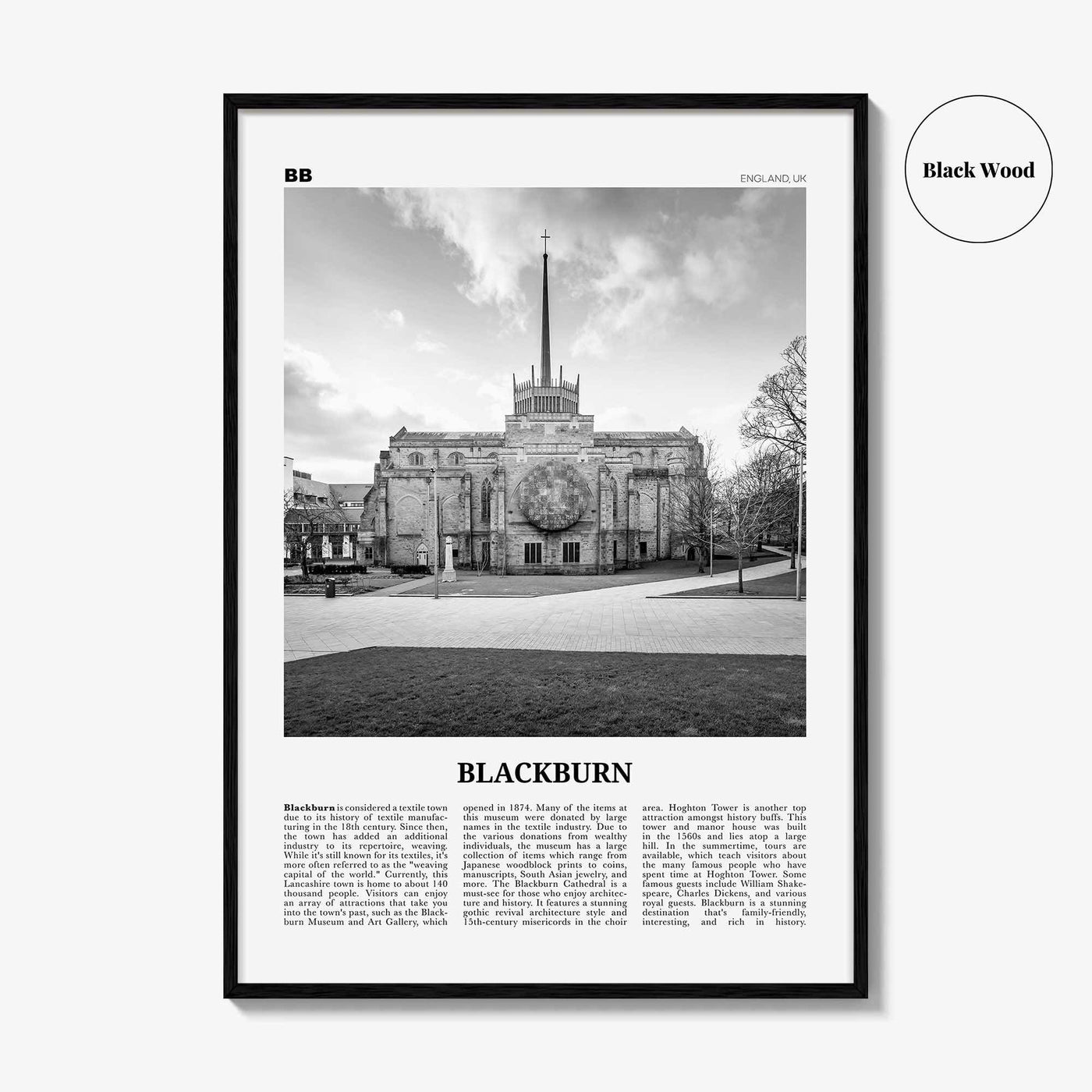 Blackburn Print Black and White, Blackburn Wall Art, Blackburn Poster, Blackburn Photo, Blackburn Wall Décor, Blackburn Map, England, Uk