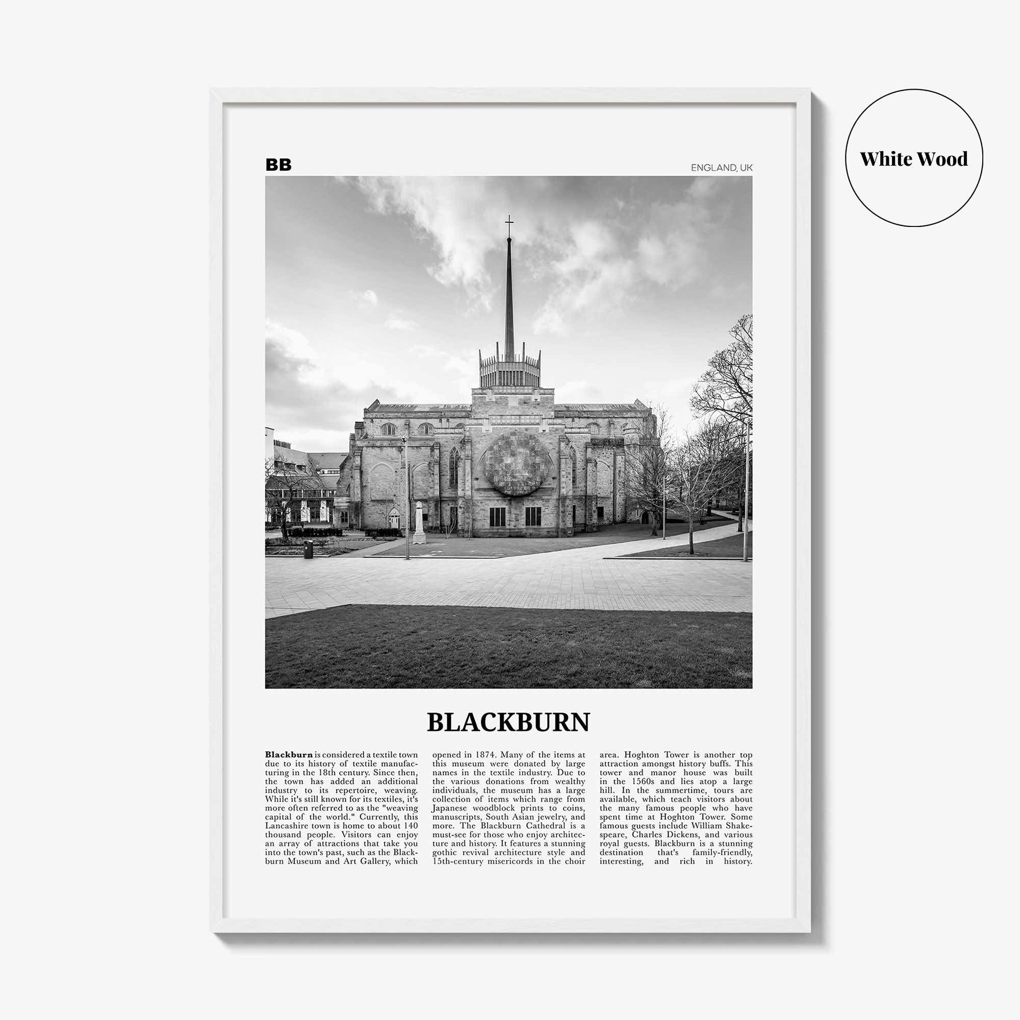 Blackburn Print Black and White, Blackburn Wall Art, Blackburn Poster, Blackburn Photo, Blackburn Wall Décor, Blackburn Map, England, Uk