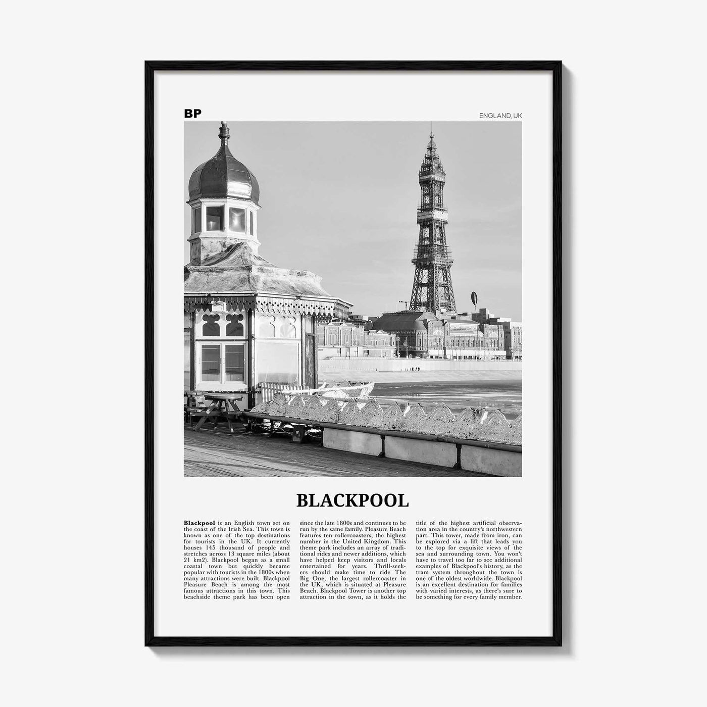 Blackpool Print Black and White, Blackpool Wall Art, Blackpool Poster, Blackpool Photo, Blackpool Wall Décor, Blackpool Map, England, Uk