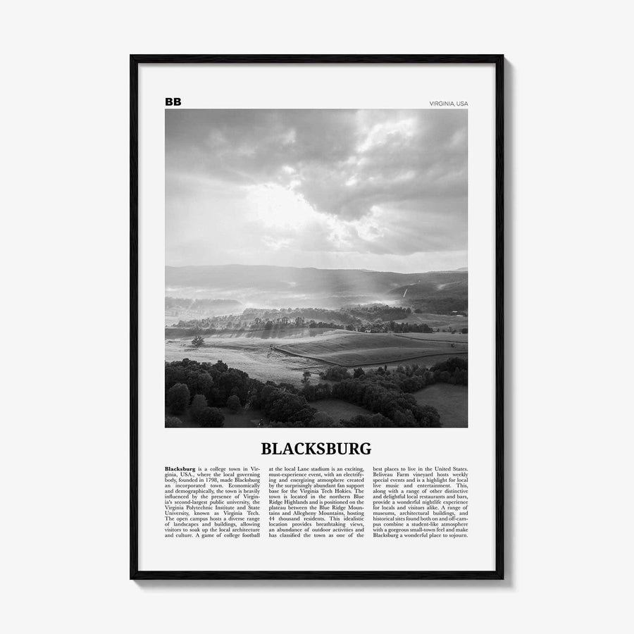 Blacksburg Print Black and White, Blacksburg Wall Art, Blacksburg Poster, Blacksburg Photo, Blacksburg Map, Virginia, USA, United States