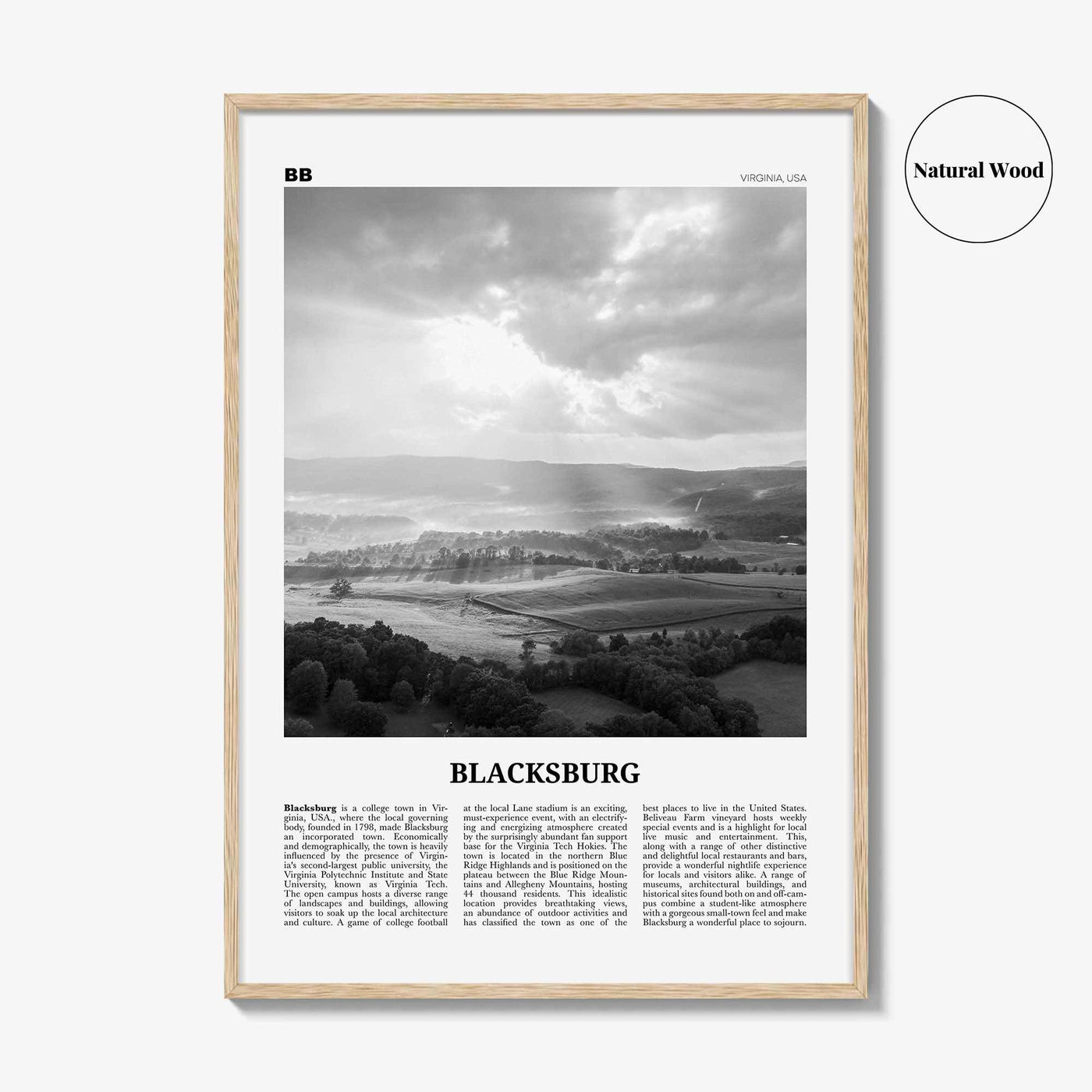 Blacksburg Print Black and White, Blacksburg Wall Art, Blacksburg Poster, Blacksburg Photo, Blacksburg Map, Virginia, USA, United States