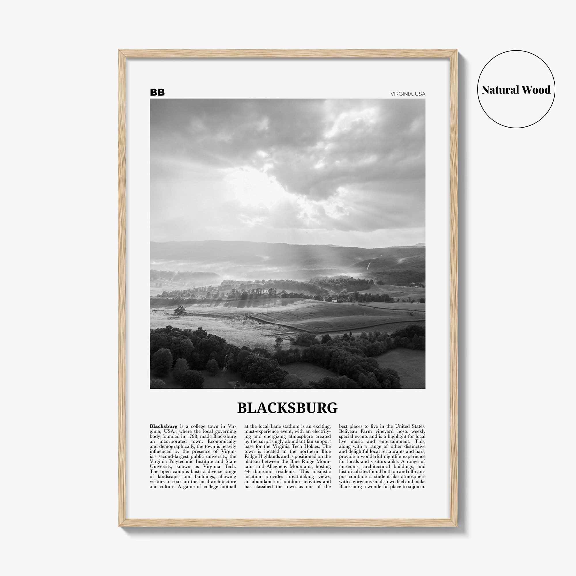 Blacksburg Print Black and White, Blacksburg Wall Art, Blacksburg Poster, Blacksburg Photo, Blacksburg Map, Virginia, USA, United States