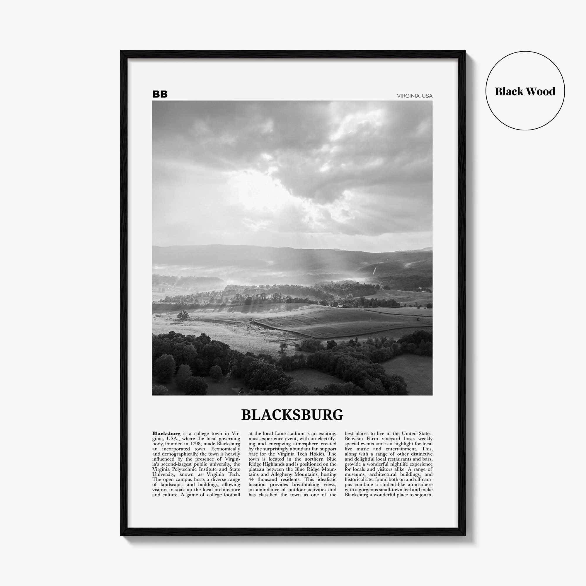 Blacksburg Print Black and White, Blacksburg Wall Art, Blacksburg Poster, Blacksburg Photo, Blacksburg Map, Virginia, USA, United States