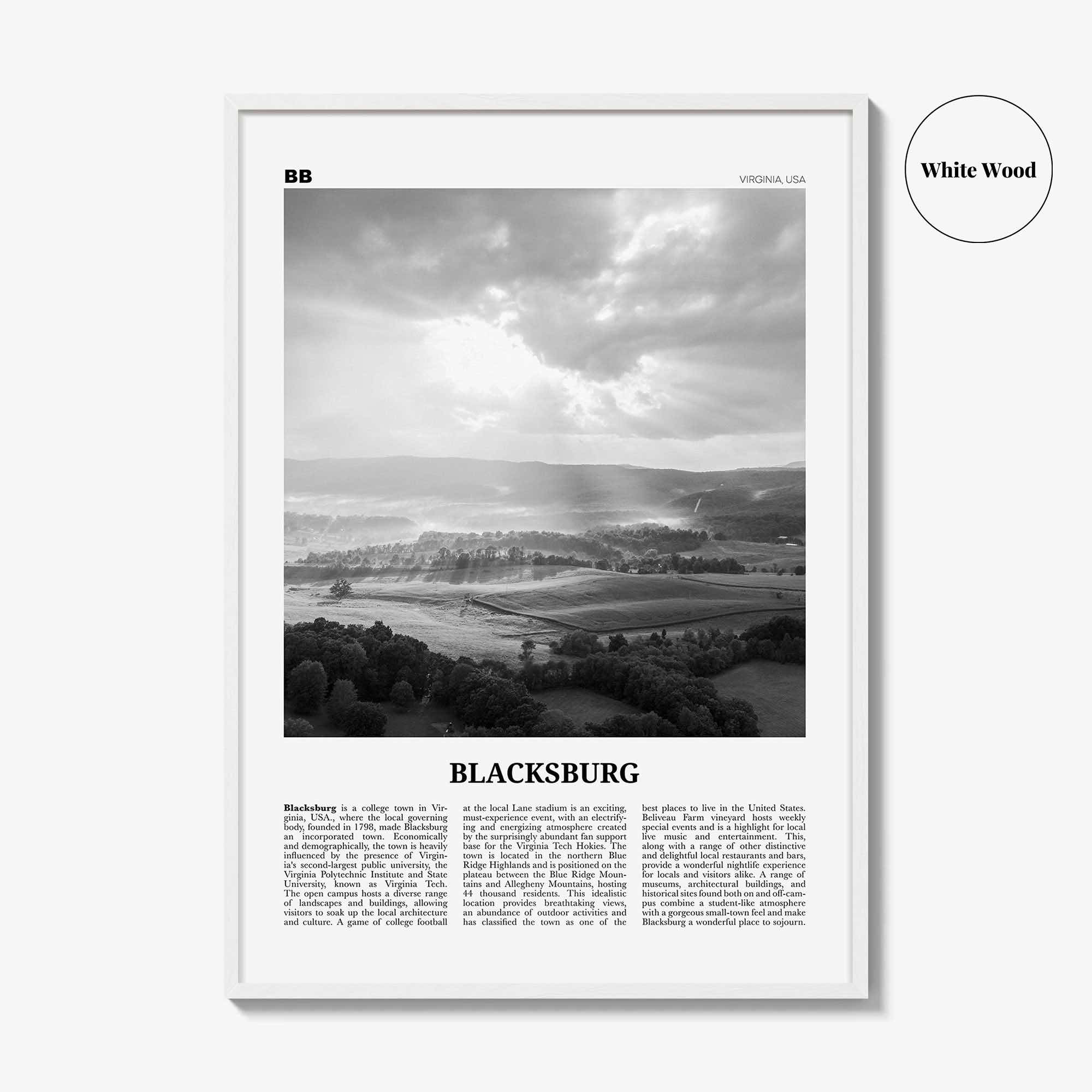 Blacksburg Print Black and White, Blacksburg Wall Art, Blacksburg Poster, Blacksburg Photo, Blacksburg Map, Virginia, USA, United States