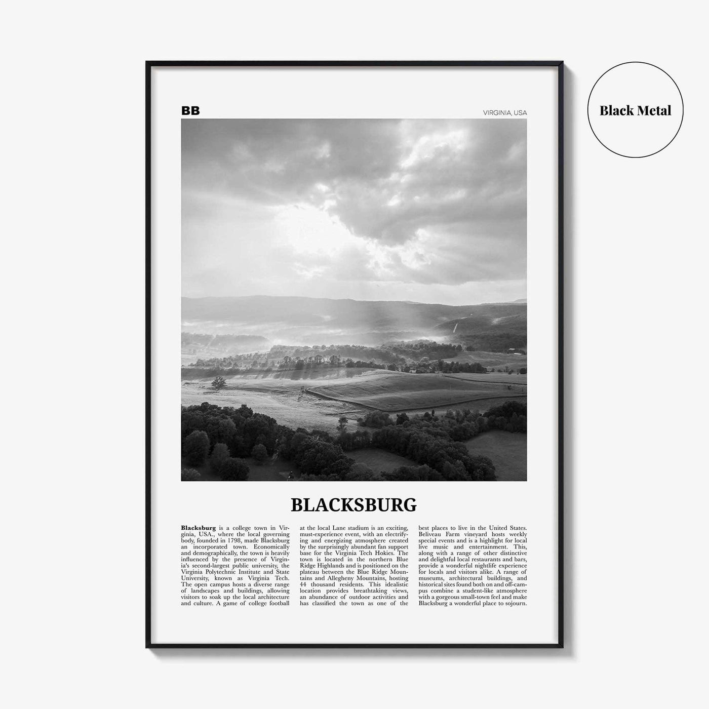 Blacksburg Print Black and White, Blacksburg Wall Art, Blacksburg Poster, Blacksburg Photo, Blacksburg Map, Virginia, USA, United States