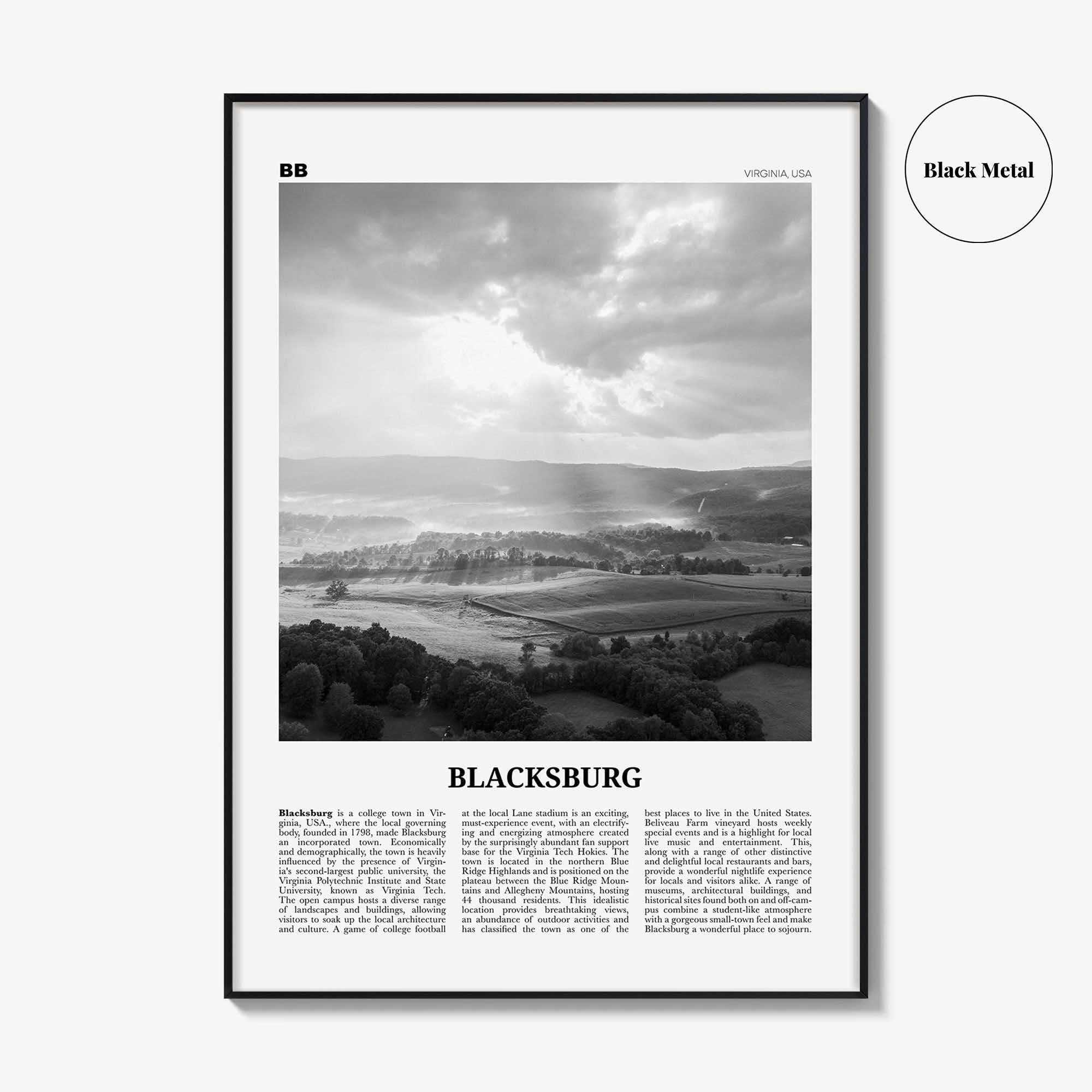 Blacksburg Print Black and White, Blacksburg Wall Art, Blacksburg Poster, Blacksburg Photo, Blacksburg Map, Virginia, USA, United States