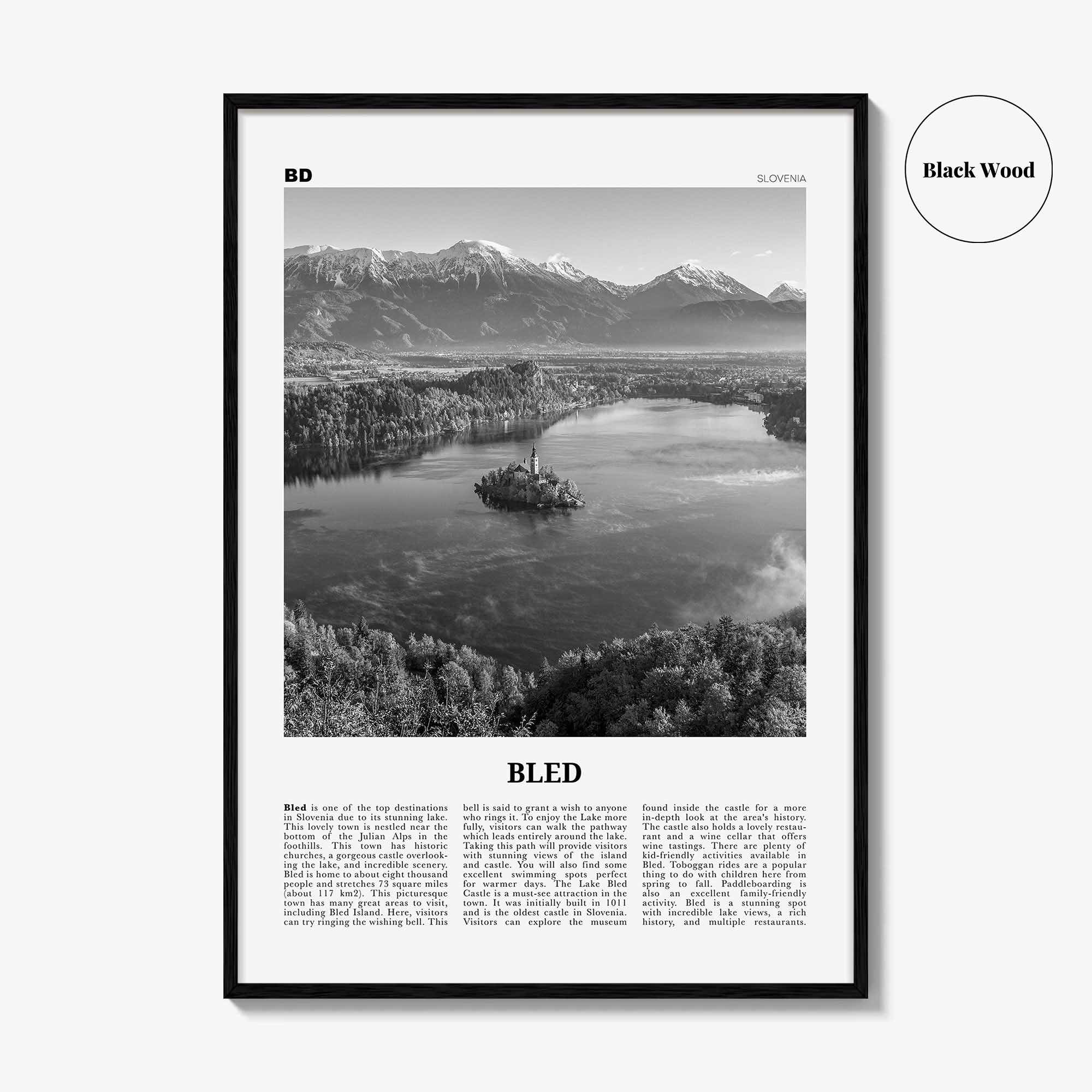 Bled Print Black and White, Bled Wall Art, Bled Poster, Bled Photo, Bled Wall Décor, Bled Map, Slovenia
