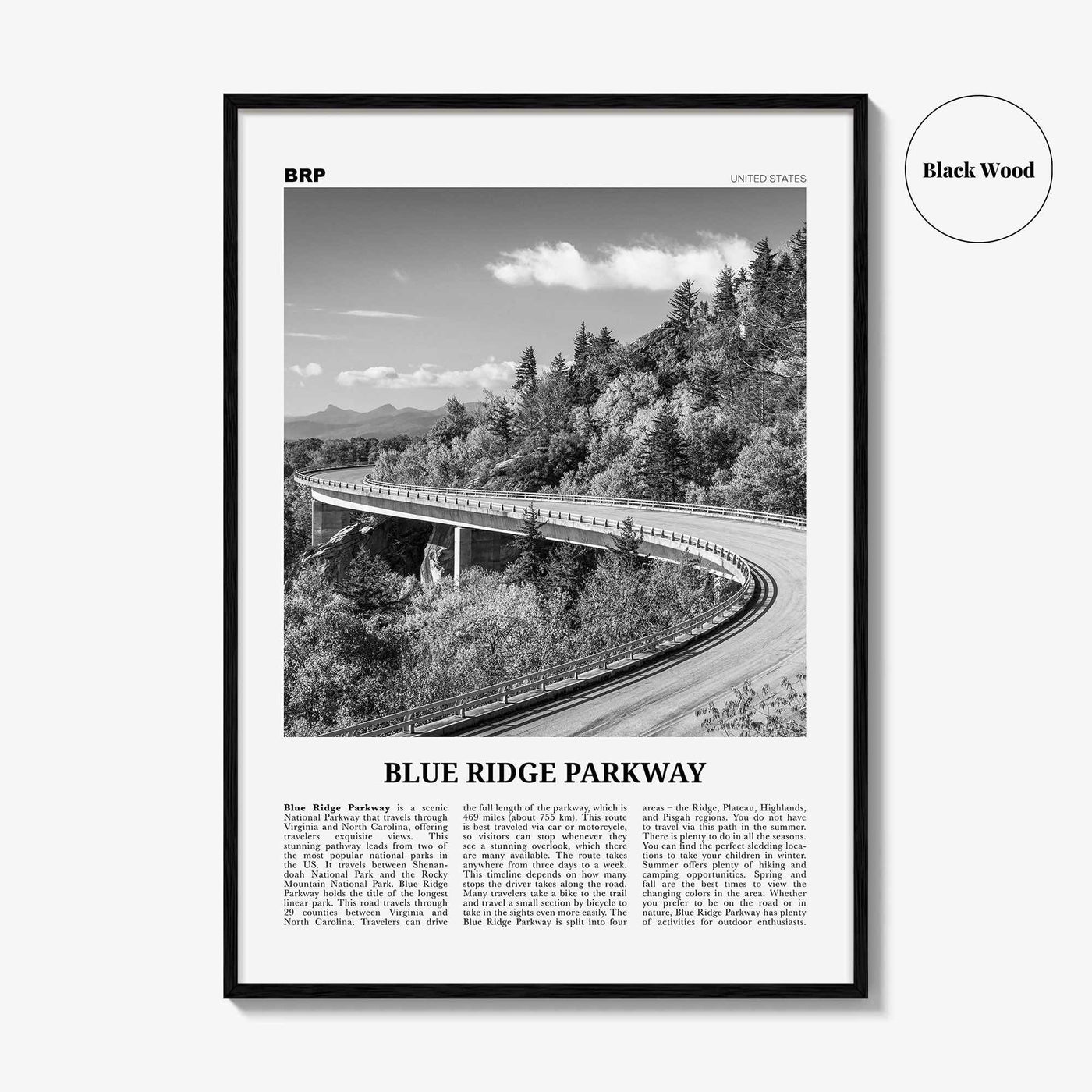 Blue Ridge Parkway Print Black and White, Blue Ridge Parkway Wall Art, Blue Ridge Parkway Poster, Blue Ridge Parkway Photo, United States