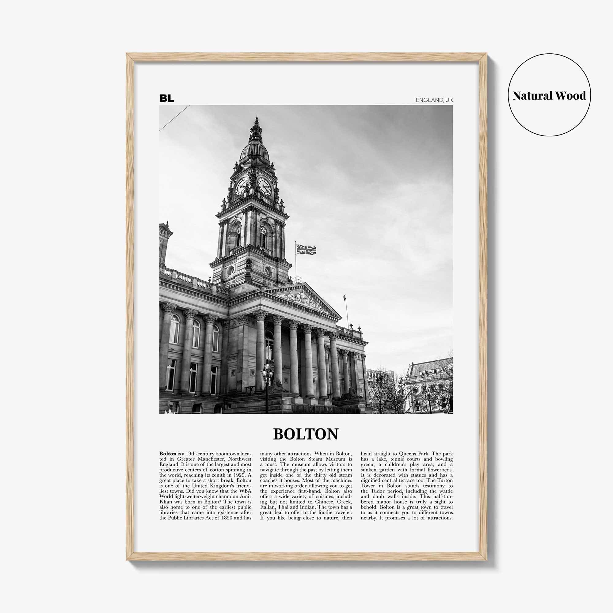 Bolton Print Black and White, Bolton Wall Art, Bolton Poster, Bolton Photo, Bolton Wall Décor, England, UK, United Kingdom