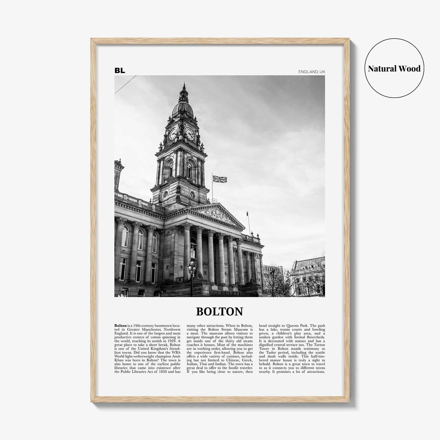 Bolton Print Black and White, Bolton Wall Art, Bolton Poster, Bolton Photo, Bolton Wall Décor, England, UK, United Kingdom