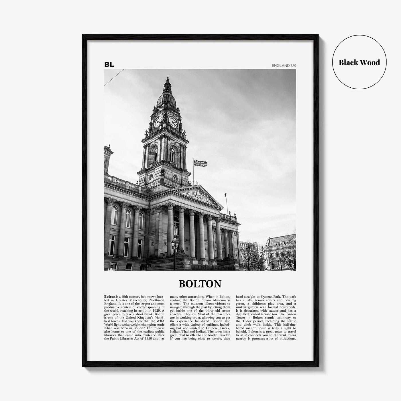 Bolton Print Black and White, Bolton Wall Art, Bolton Poster, Bolton Photo, Bolton Wall Décor, England, UK, United Kingdom