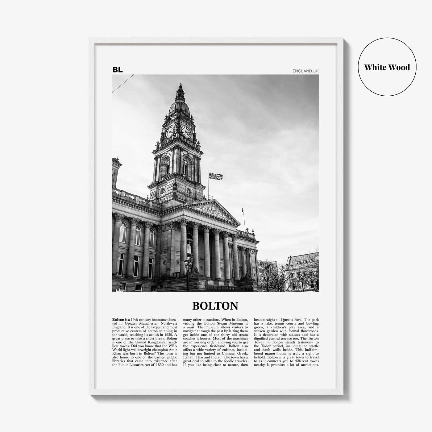 Bolton Print Black and White, Bolton Wall Art, Bolton Poster, Bolton Photo, Bolton Wall Décor, England, UK, United Kingdom