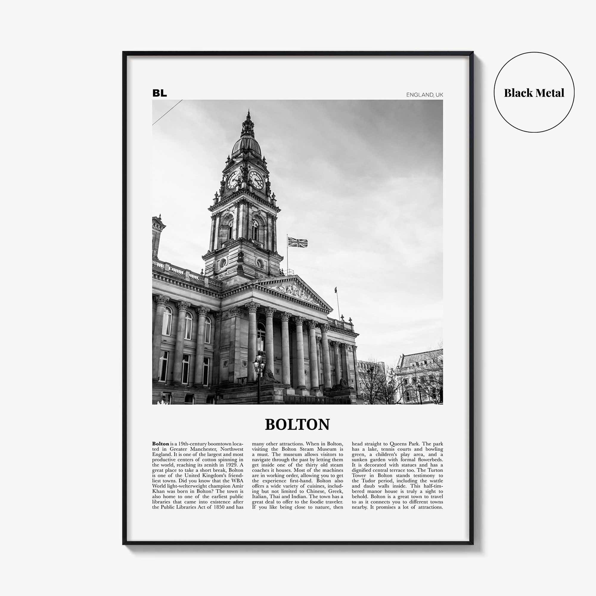 Bolton Print Black and White, Bolton Wall Art, Bolton Poster, Bolton Photo, Bolton Wall Décor, England, UK, United Kingdom
