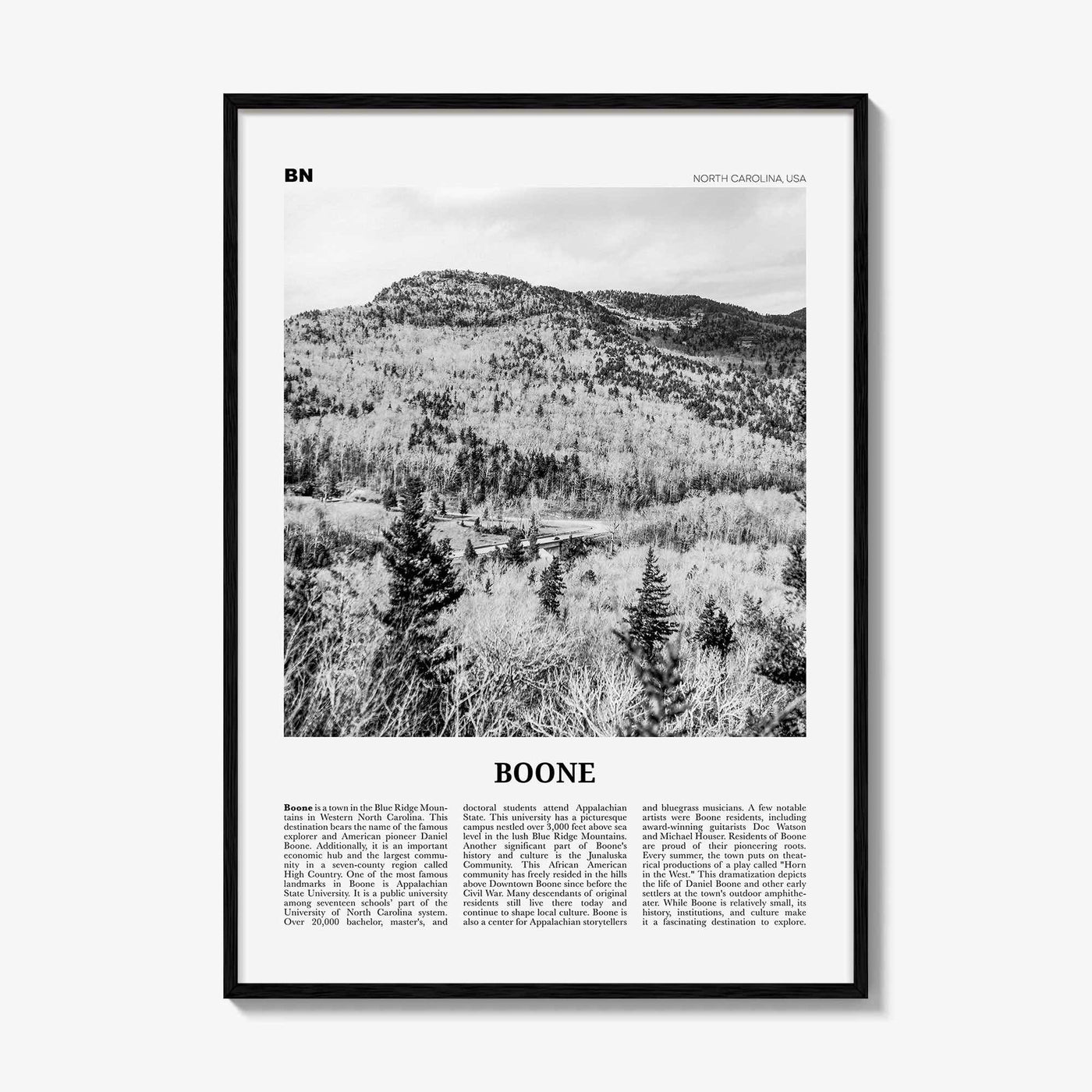 Boone Print Black and White No 2, Boone Nature Wall Art, Boone Poster, Boone Photo, Boone Wall Décor, Boone Map, North Carolina, USA