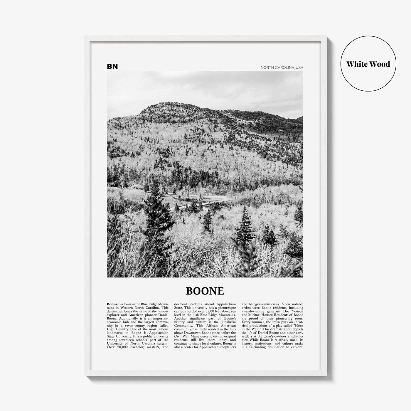 Boone Print Black and White No 2, Boone Nature Wall Art, Boone Poster, Boone Photo, Boone Wall Décor, Boone Map, North Carolina, USA