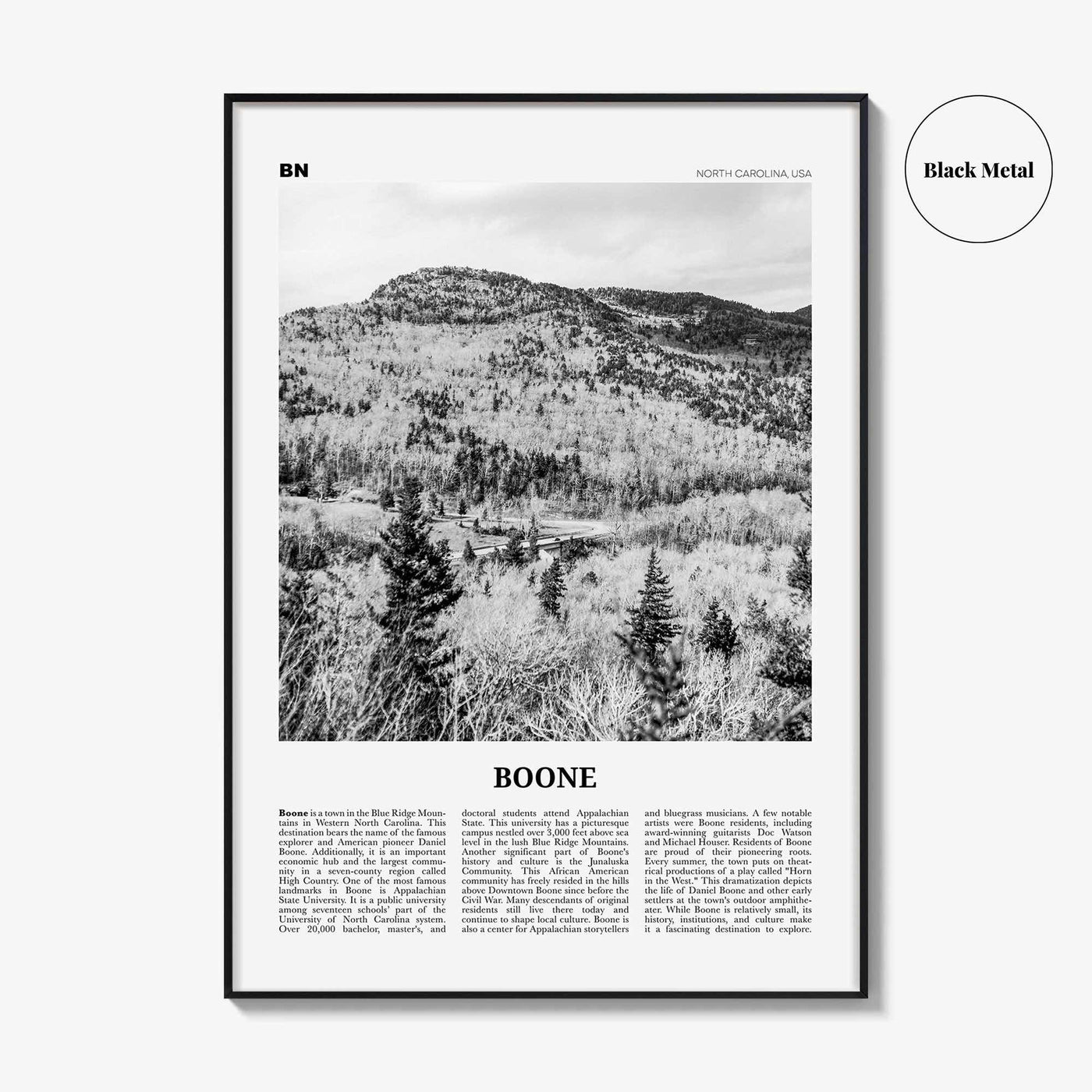 Boone Print Black and White No 2, Boone Nature Wall Art, Boone Poster, Boone Photo, Boone Wall Décor, Boone Map, North Carolina, USA
